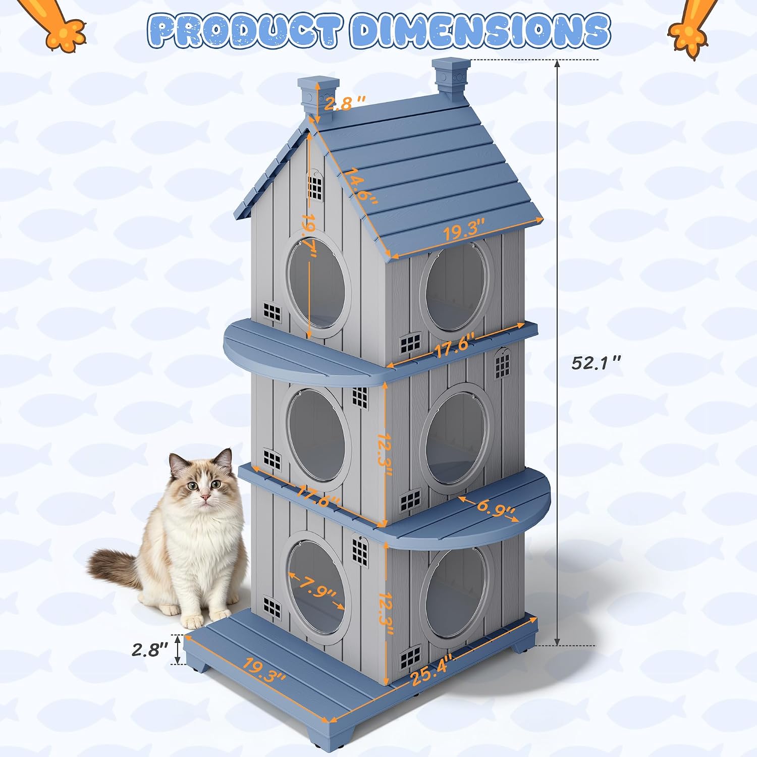 Outdoor Cat House Weatherproof, Durable Resin Cat Houses for Outdoor Indoor Cats, Litter Box Enclosure with Elevated Base, Anti-Slip Pad, Ventilation, Three-Story, Grey Blue