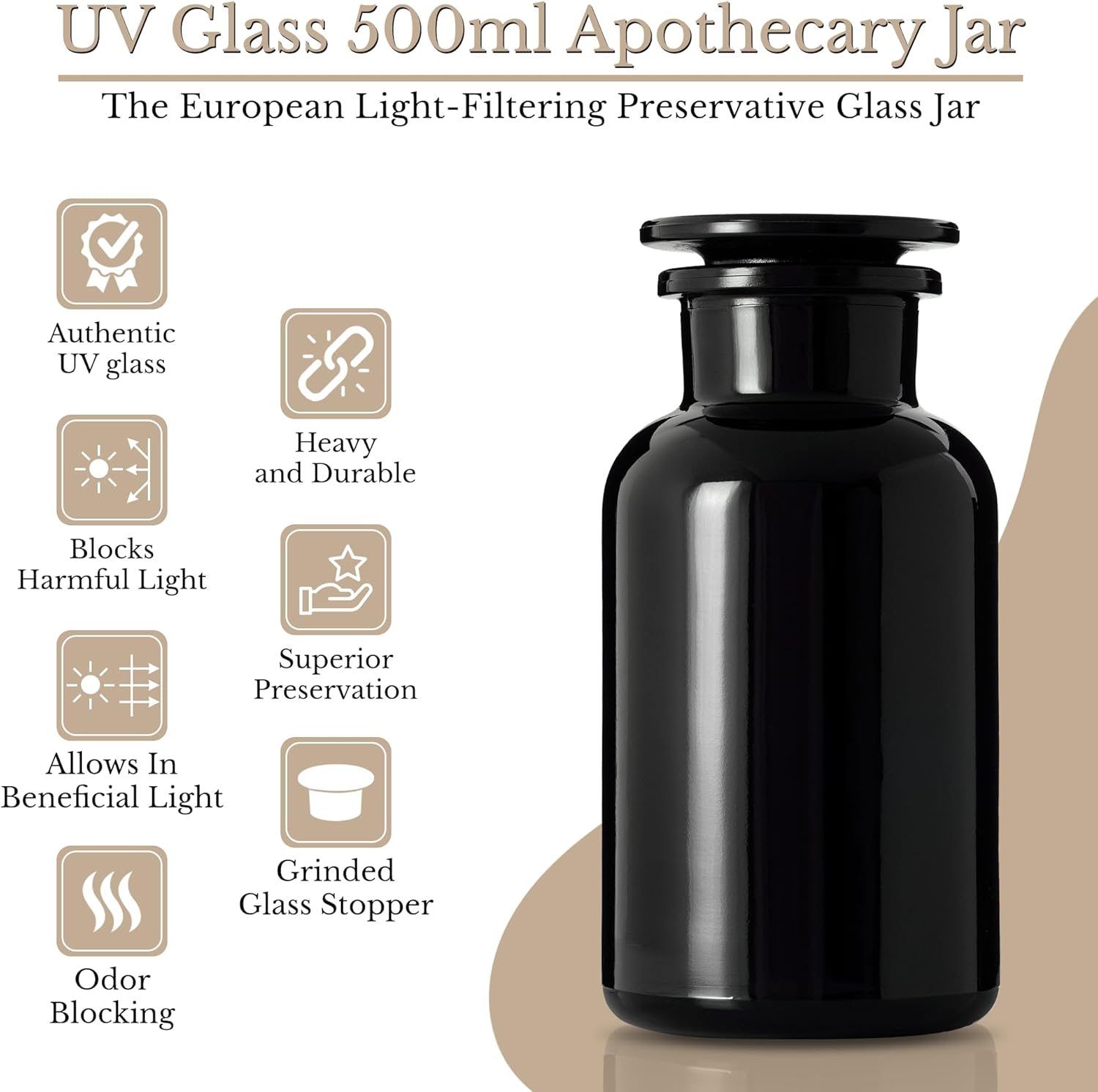 500 ml (17 fl oz) Black Ultraviolet All Glass Airtight Smell Proof Apothecary Jar for Tea, Spices, Dried Goods, Herb Storage | Vintage Style Glass Jar with Glass Lid for Kitchen