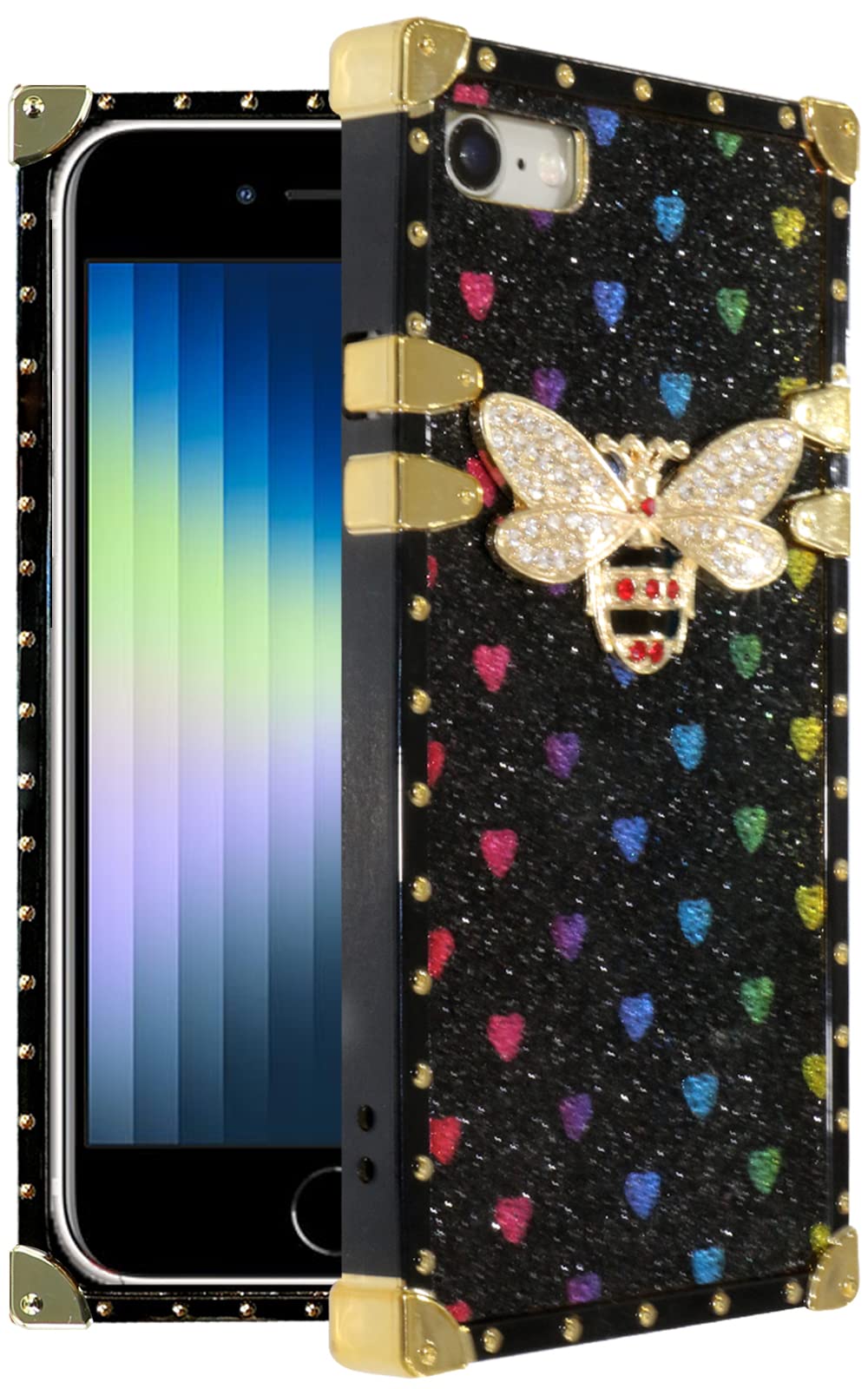 Umhlaba Compatible with iPhone SE (2022) Square Edge Trunk Glitter Cute bee Luxury Women SE3 3rd Generation Phone Cover Bling Fashion Girly Box Rectangle Sparkly 4.7 inch (Black)