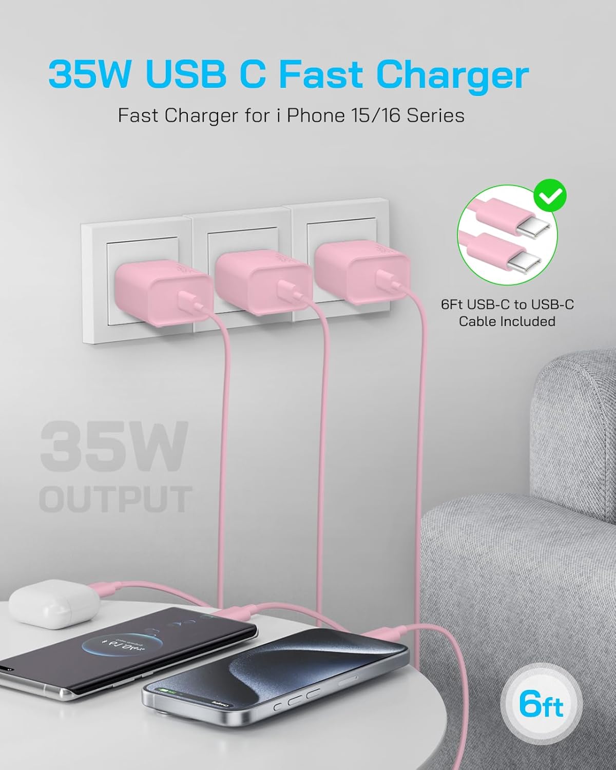 GUUSMART 40 W Type C Fast Charger Compatible with iPhone 17 16 15 Charger Fast Charging, 3-Pack USB C Charger Block Type C Chargers 6 FT Type C to C Cable for IP 17 Pro Max/16/15 Series-Pink