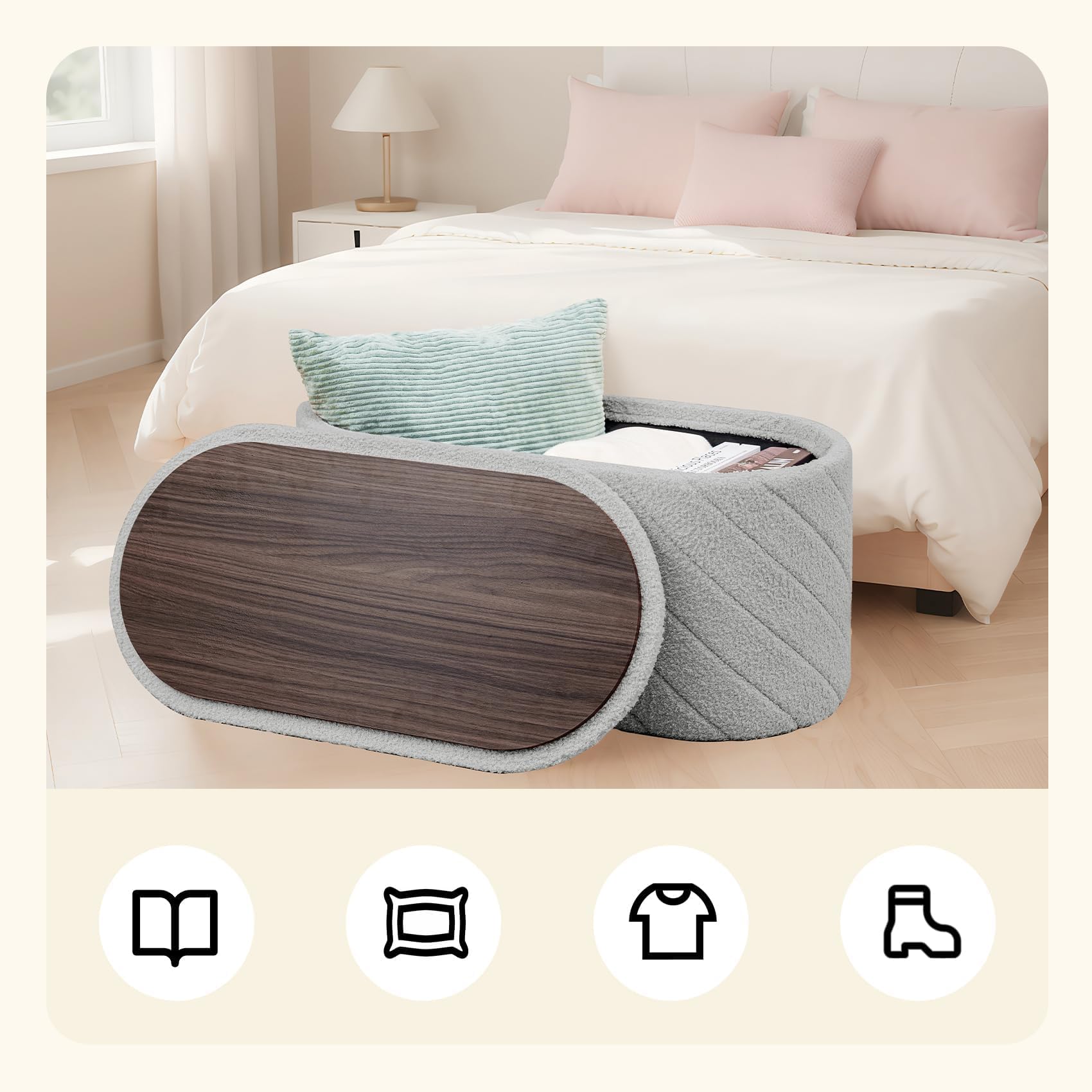 PINPLUS Panca Contenitore con Coperchio Imbottito, Ovale e Pieghevole, in Tessuto Boucle, come Poggiapiedi per Soggiorno e Camera, 76x38x38 cm, Grigio