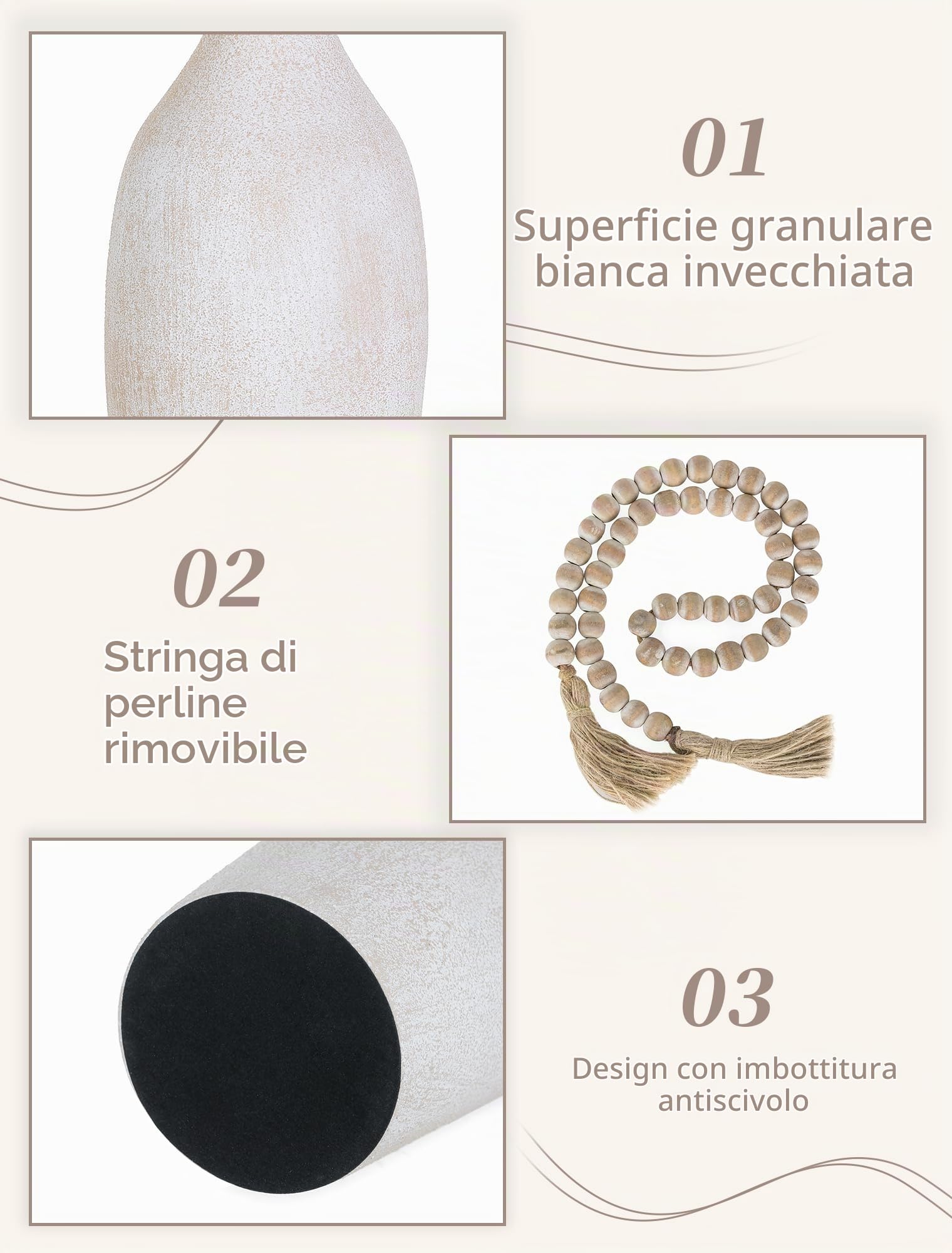 Sziqiqi Vaso da Terra Alto Bianco: 60 cm Grandi Vasi Rustica con Perline Boho per Pampas Piante Finte - Metallo Vaso Alto da Interno per Decorazione Casa Soggiorno Stile Farmhouse Camino