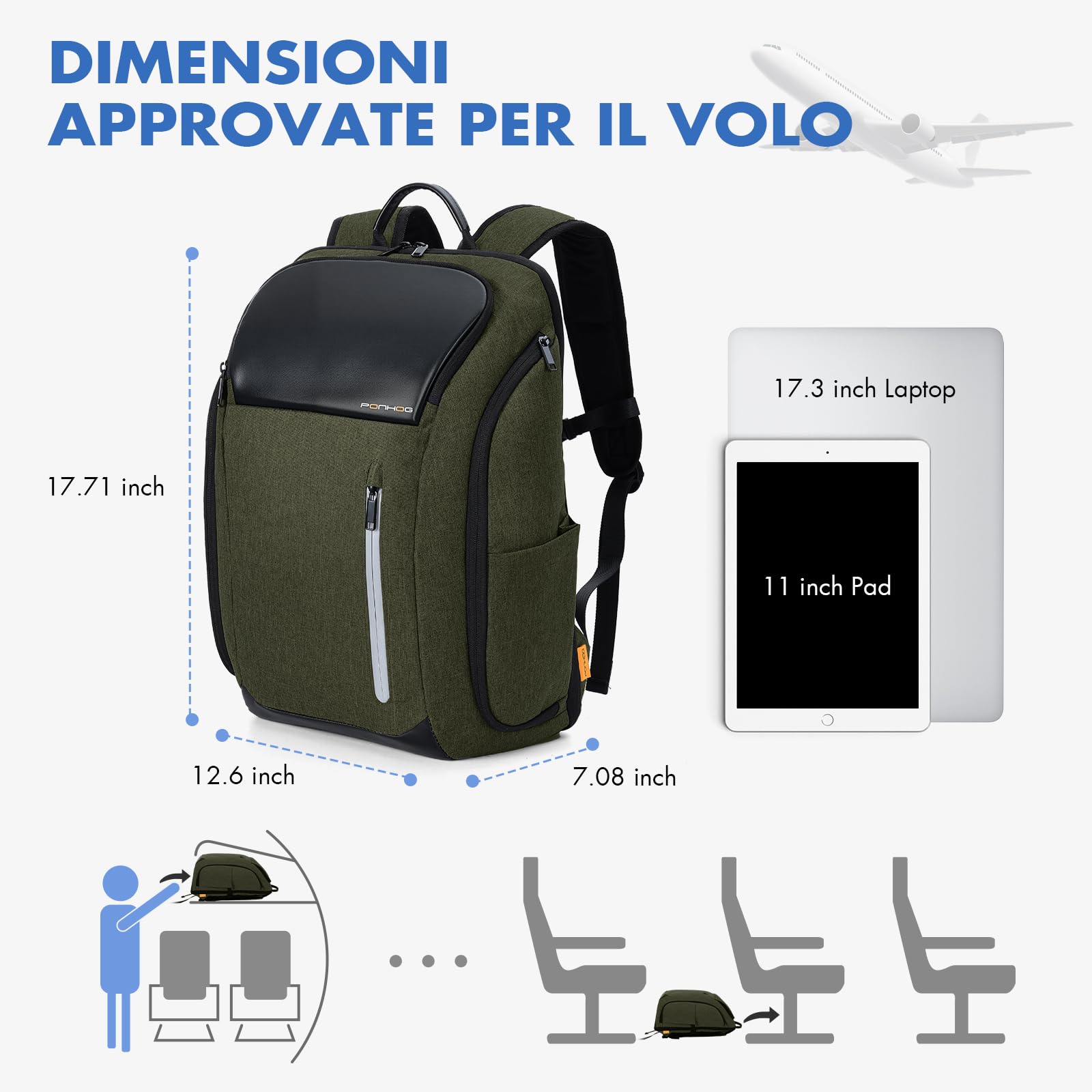 Ponhog Zaino Uomo Porta PC 17 Pollici - Zaino da Viaggio Idrorepellente, Apertura 180° e Design Antifurto, Capacità 30L, Verde