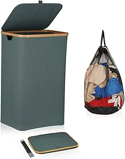 82L Grand Panier à Linge Pliable avec sacs à Linge Amovibles, Panier à Linge en Bambou avec Couvercle et Poignées, Corbeille à Linge pour Chambre à Coucher, Jouets et Vêtements Rangement (Gris)