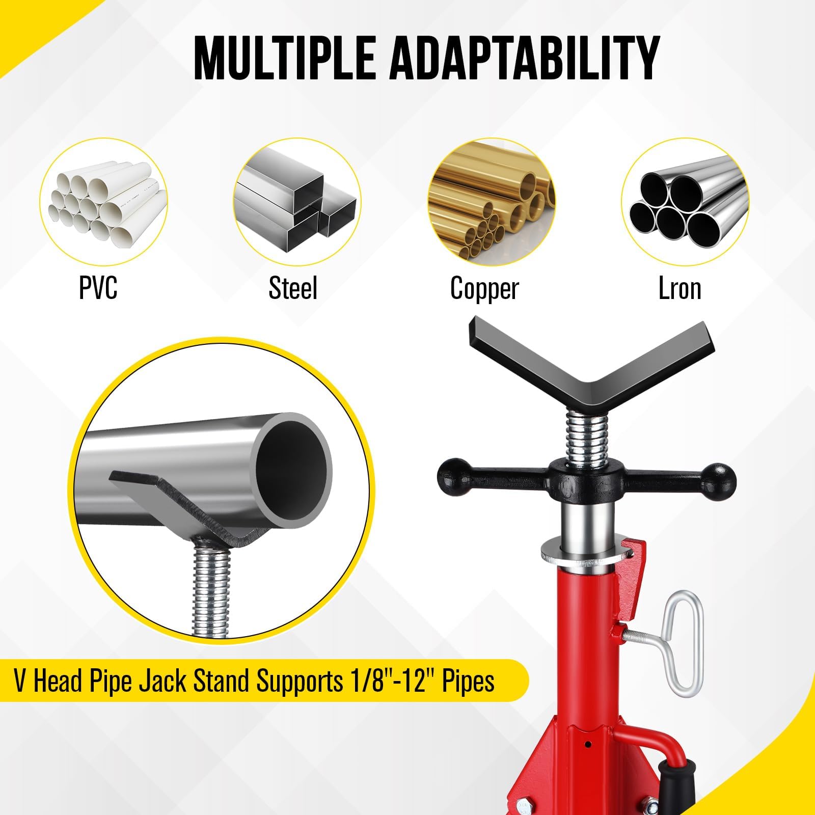 Garvee Support de Tuyau V-Head Robuste rougeur – Hauteur réglable 71-132 cm – Capacité réelle 1134 kg (2500 LB) – Trépied Pliable en Acier pour Soudure et Filetage – Convient tuyaux 1/2''-12'' –