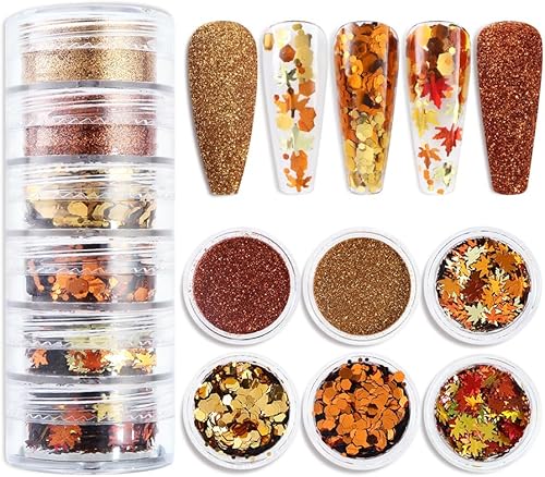 Arte de uñas de otoño dorado con purpurina de hoja de arce, 6 frascos de hojas de otoño 3D, decoración de copos de purpurina de uñas de hojas de