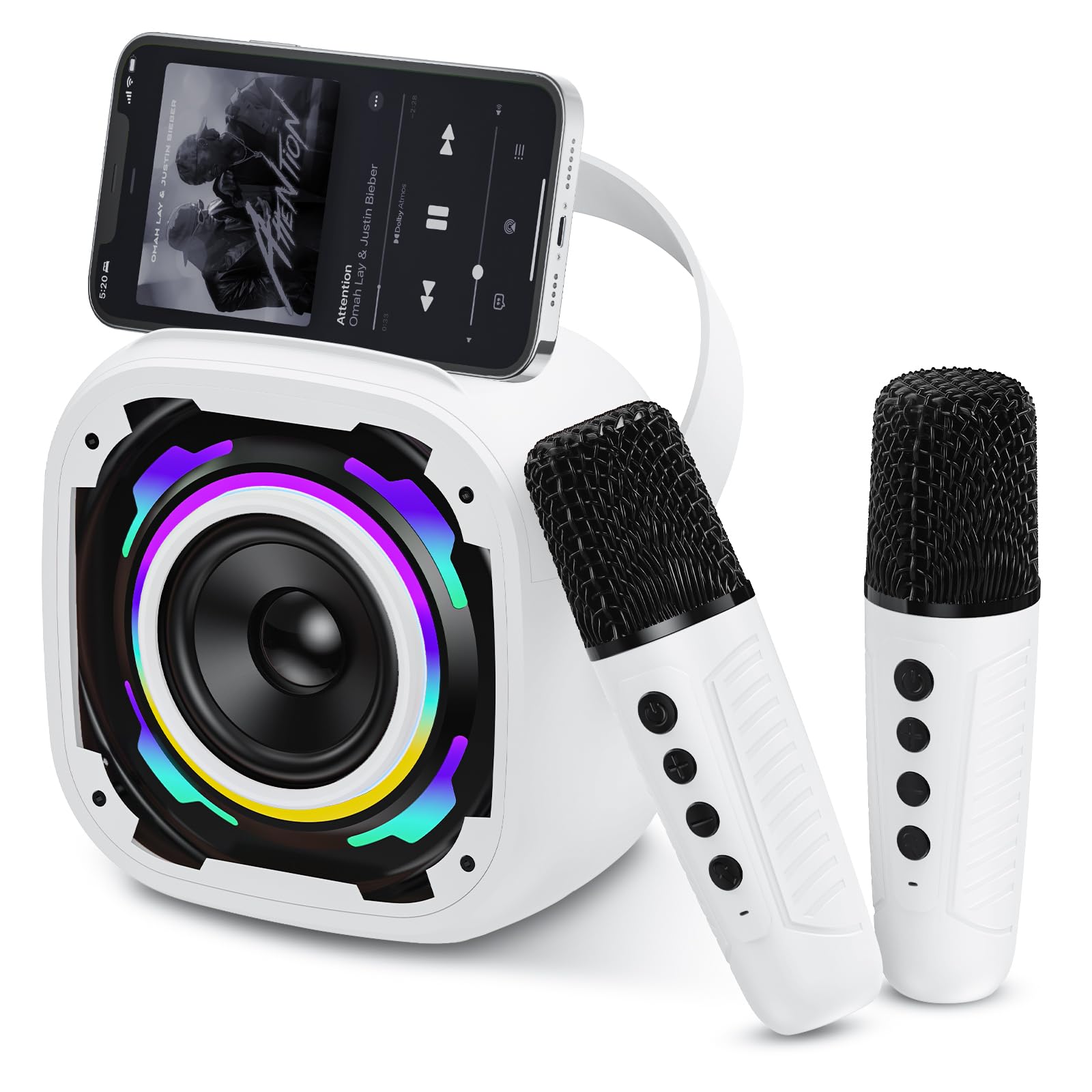 PKBD Mini Karaoke Machines 2 Microphones For Kids, Portable Wireless Bluetooth Speaker with Phone Holder/Dynamic Light/Voice Changer Effects, Karaoke Machine Gift for Girls Boys, White