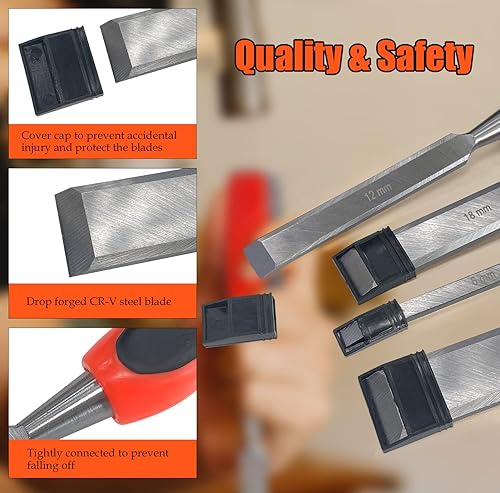 Miniatura 3 de Juego de herramientas de cincel de madera de 4 piezas, cinceles de acero CR-V resistentes, 14 pulgadas, 12 pulgadas, 34 pulgadas, 1 pulgada cinceles