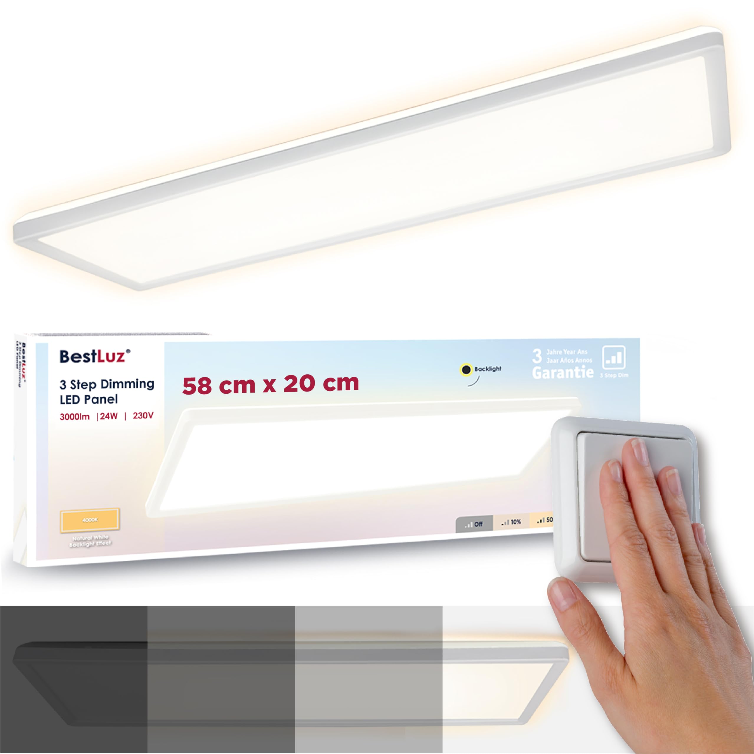 BestLuz LED Plafonnier Plat Rectangulaire 58x20cm 24W 3000lm Trois Niveaux Gradation LED Panneau Blanc Neutre 4000k Avec Effet de Rétroéclairage Salle de Bains Chambre Salon Cuisine Ultra Mince