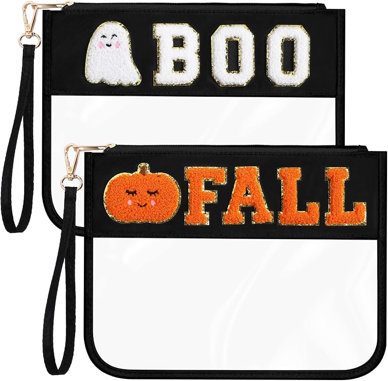 Remerry Necessaire plana preta com letras de chenille Fall & Boo, 2 unidades