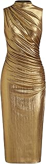 Cocktail Midi Ruched Bodycon Metallic Sleeveless Party Stand Neck Solid ...