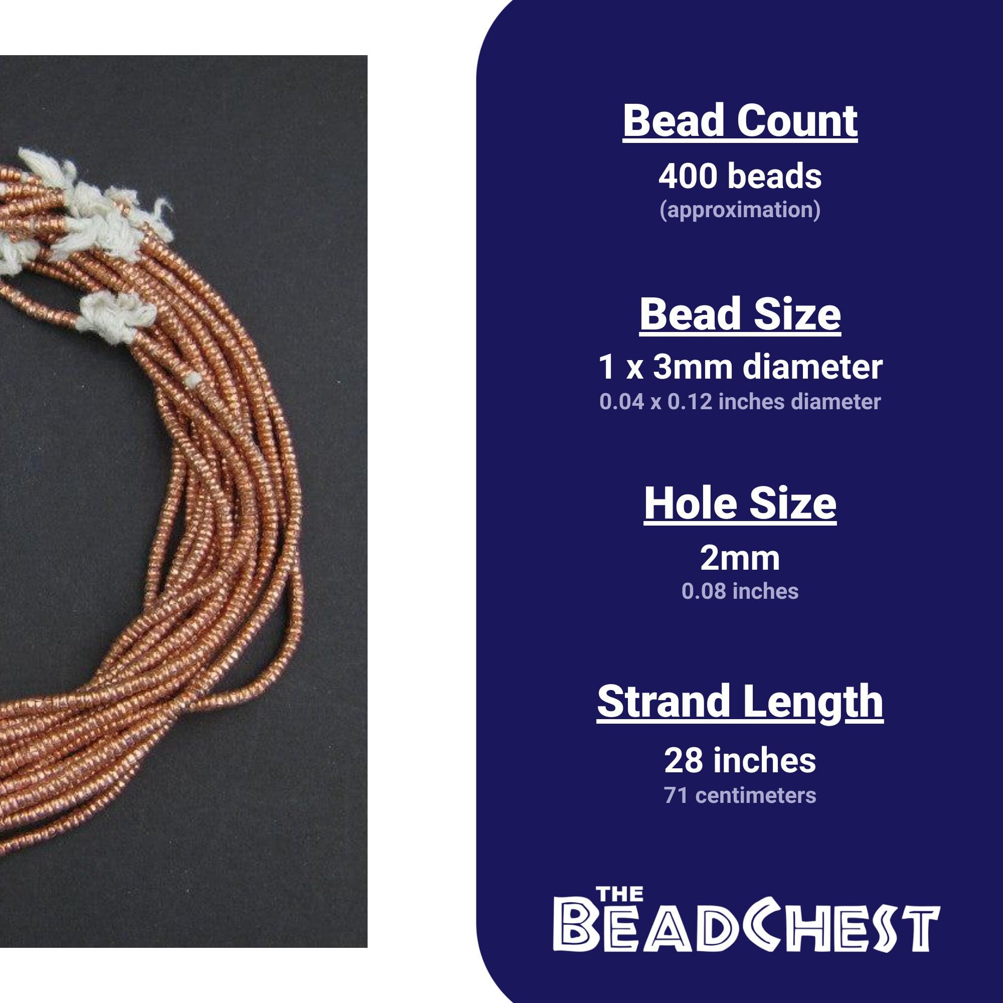 The Bead Chest Copper Heishi Beads 3mm Ethiopian Metal Spacers, Full Strand for Jewelry Making I Approximately 400 Beads
