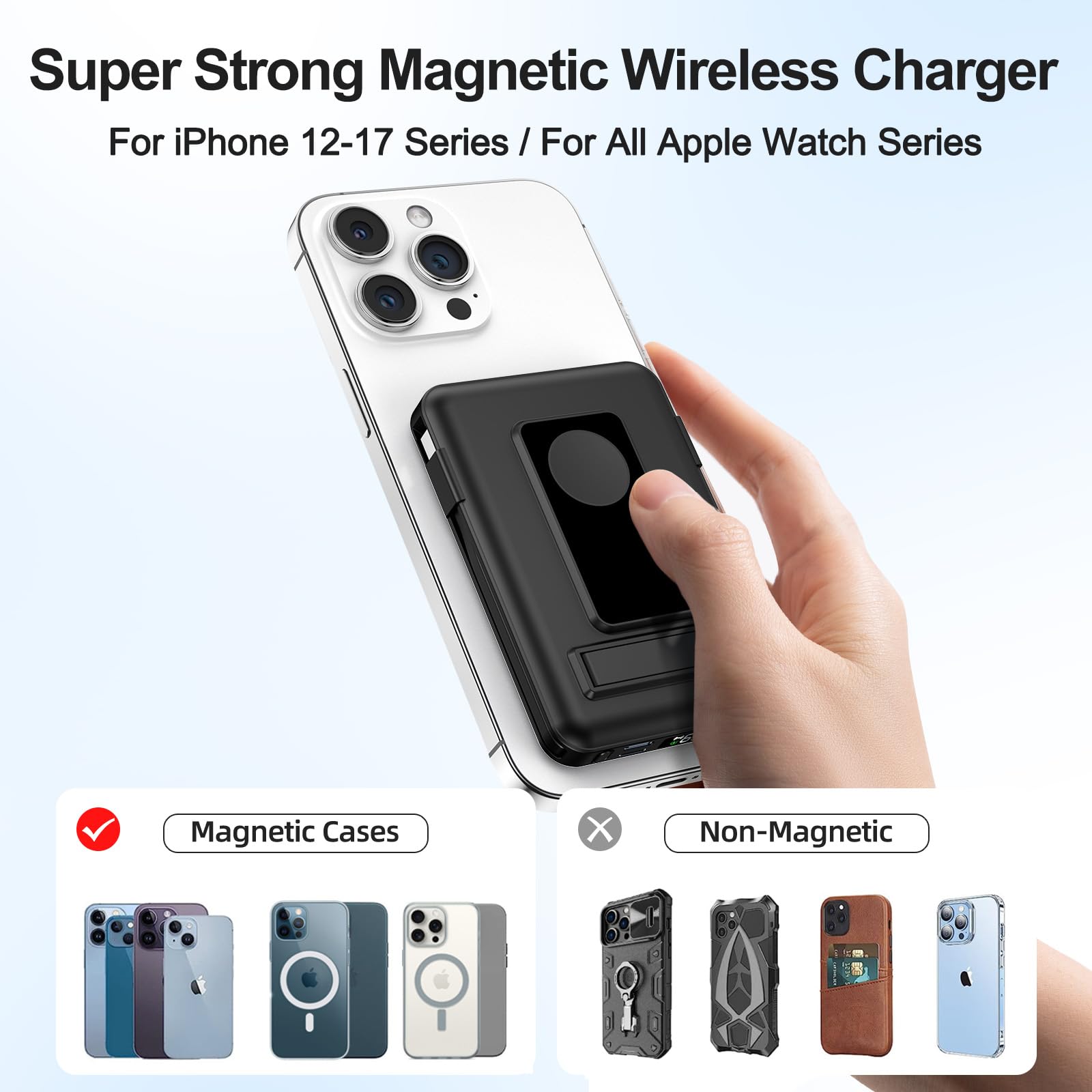 for Batterie Externe Iphone, 10000mAh Power Bank Magnétique Compatible avec MagSafe, Charge Rapide PD 20W avec 2 Câble et Support et Affichage LED, for iPhone 17-12 et Apple Watch Series(Noir)