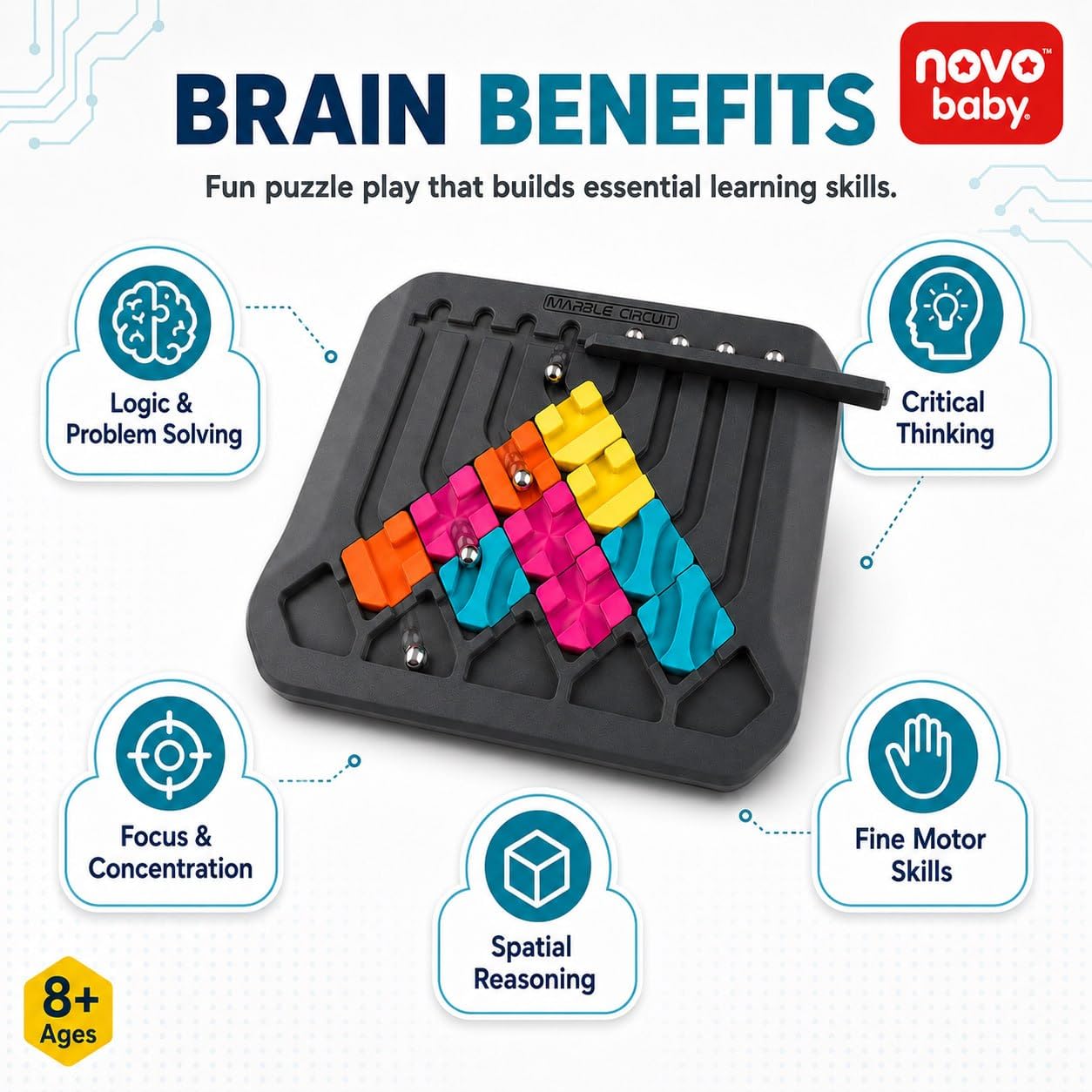 Novo Baby Marble Logic Puzzle Game for Kids 8+ Years | STEM Brain Teaser Circuit Challenge with 64 Challenge Cards & 24 Pieces | IQ Thinking Game, Educational Toy, Single Player Board Game 1