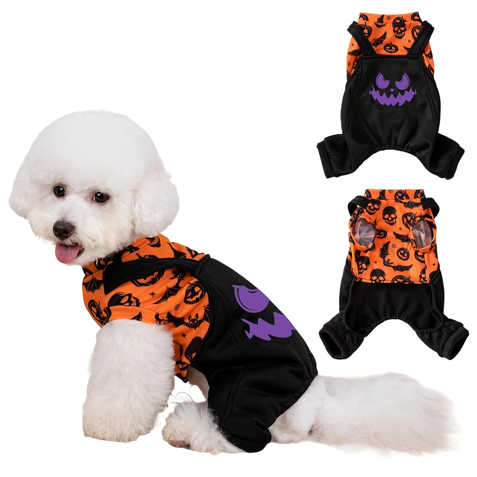 Beyinkoy Dog Halloween Pajamas, 2-in-1 Pumpkin Bat Print Romper