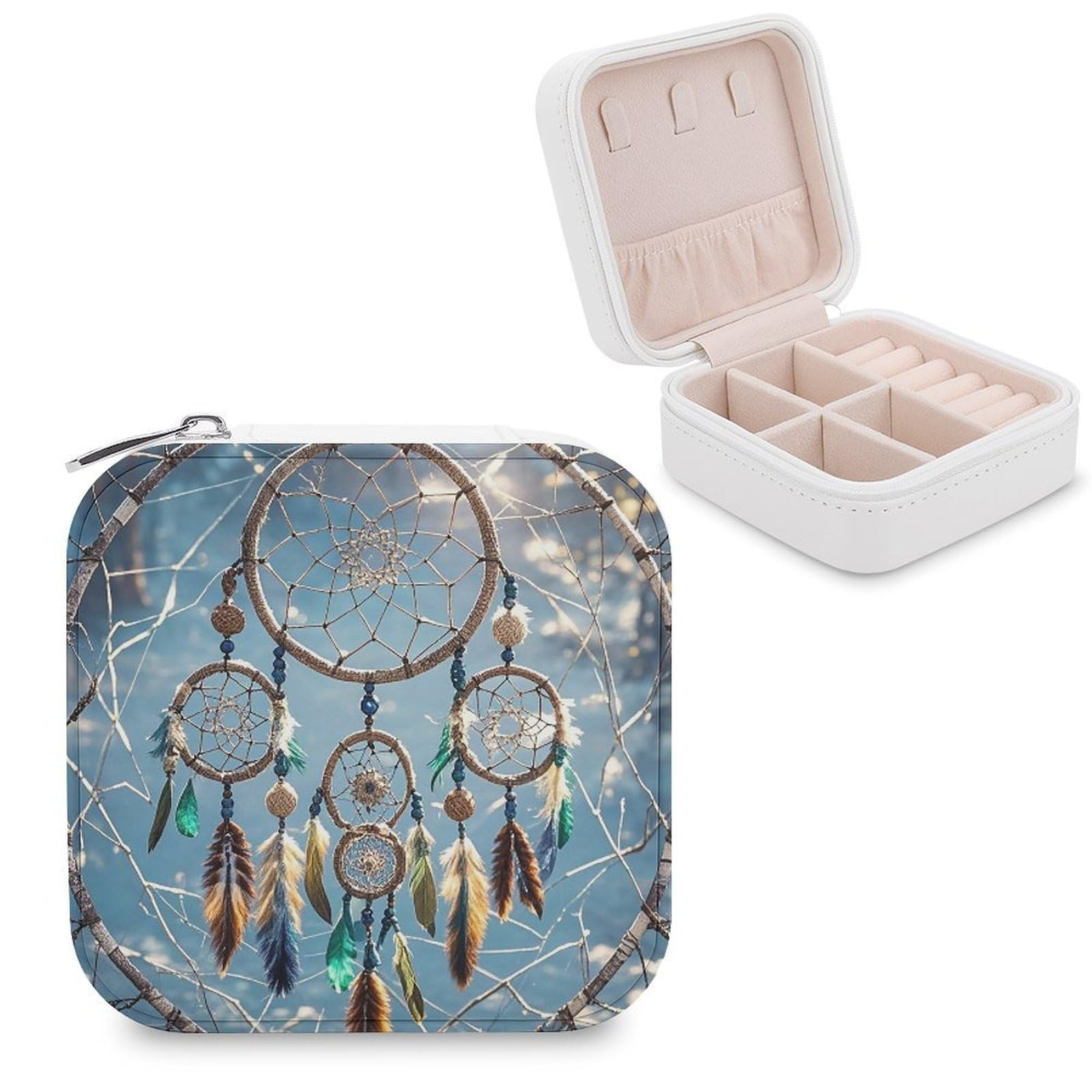 FekiLoot Dream Catcher Travel Jewelry Box Small Jewelry Organizer Storage Case Portable PU Leather Mini Jewellry Travel Case Necklace Ring Storage Organizer Gift for Women