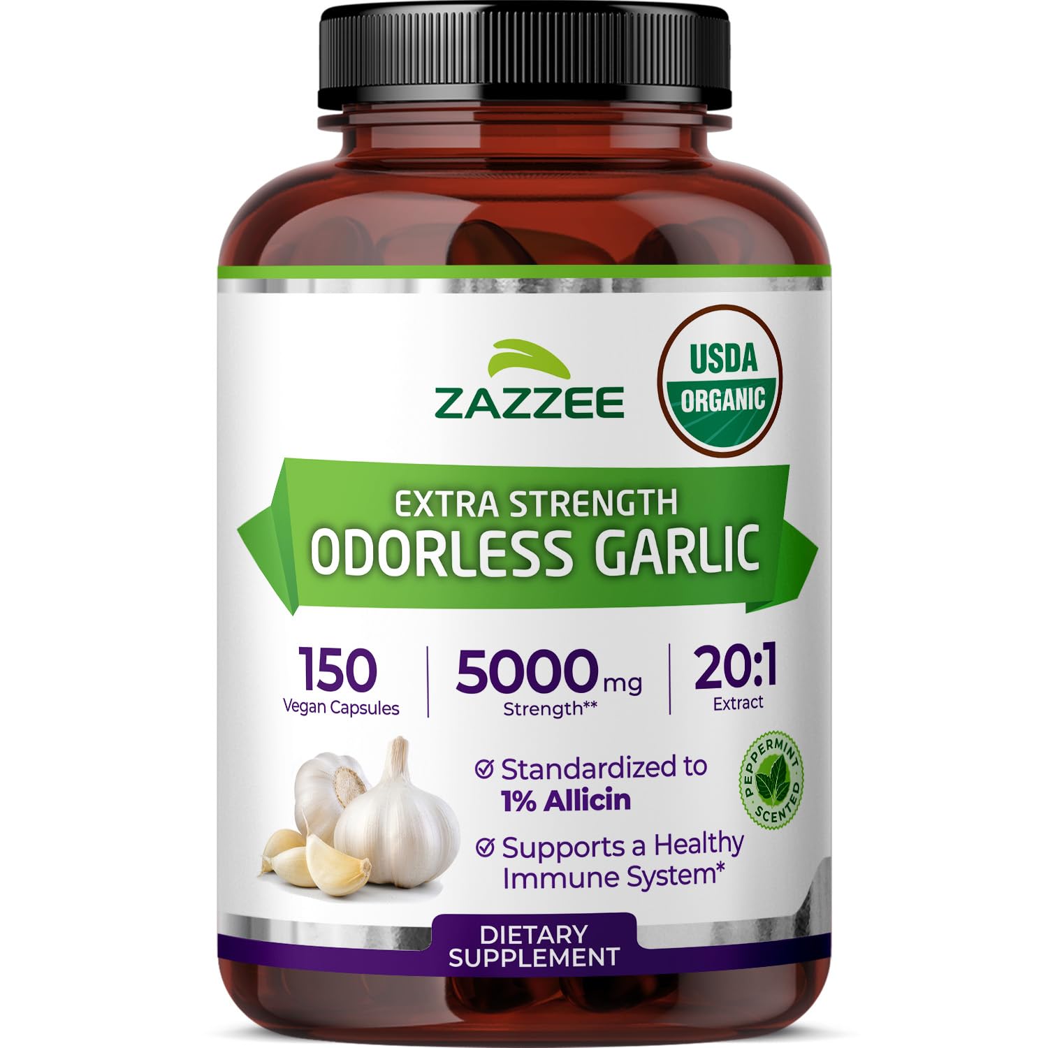 Zazzee USDA Organic Odorless Garlic 20:1 Extract, 1% Allicin, 150 Capsules 150 Count (Pack of 1)