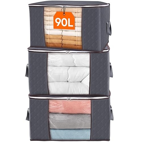 3 Pack 90L Clothes Storage Bins with Lids, Foldable Blanket