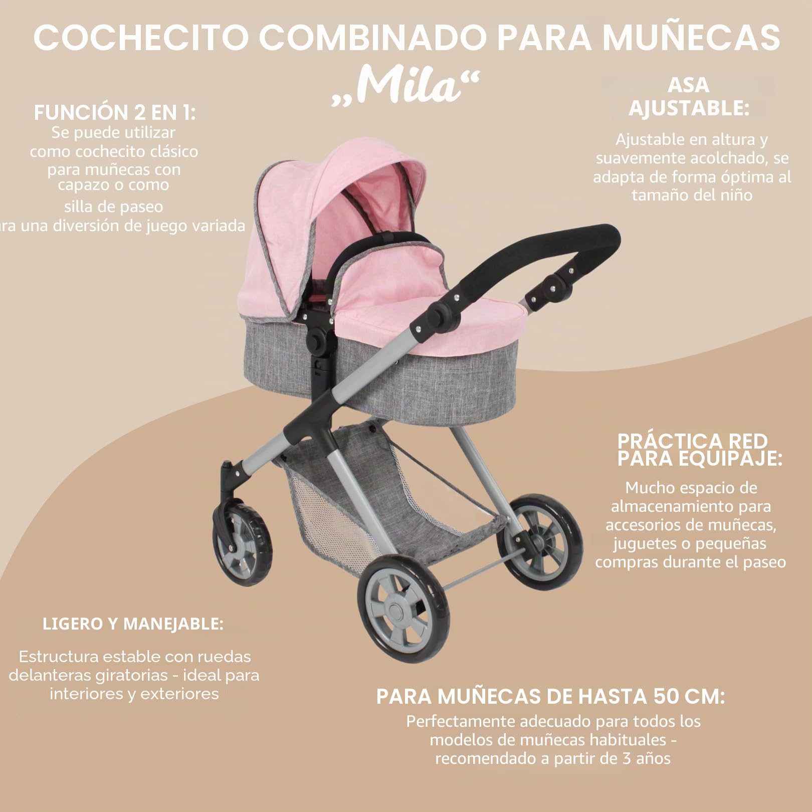 Bayer Chic 2000 Cochecito de muñecas Mila 2 en 1, Color Gris y Rosa, Mango Regulable en Altura de 39 a 72 cm, Estructura Moderna, muñecas de hasta 50 cm, 3-7 años