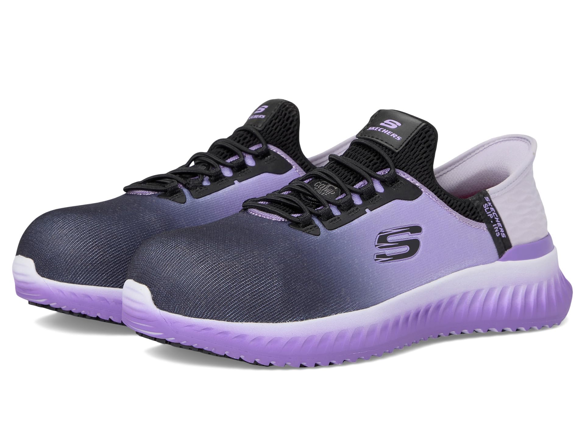 Skechers Damskie wsuwane buty robocze: Tilido - Ombray antypoślizgowe trampki bungee, Czarny/fioletowy, 40 EU