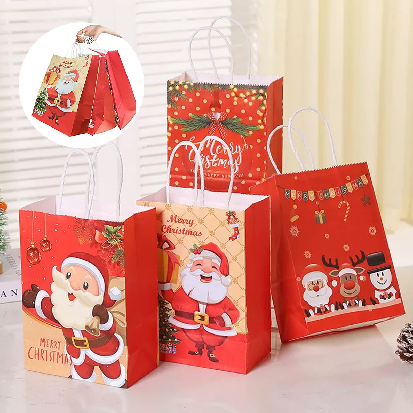 Lot De 24 Sacs Cadeaux De Nou00ebl En Papier Kraft Avec Poignu00e9es - Sacs U00e0 Friandises Imprimu00e9s