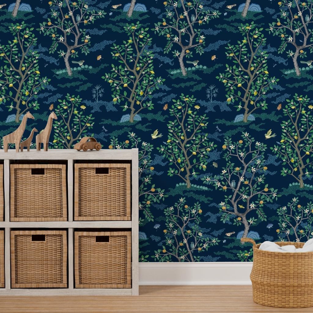 Peel & Stick Wallpaper 3ft x 2ft - Indigo Blue Chinoiserie Citrus Grove Toile Green Birds Oranges Lemons Custom Removable Wallpaper by Spoonflower