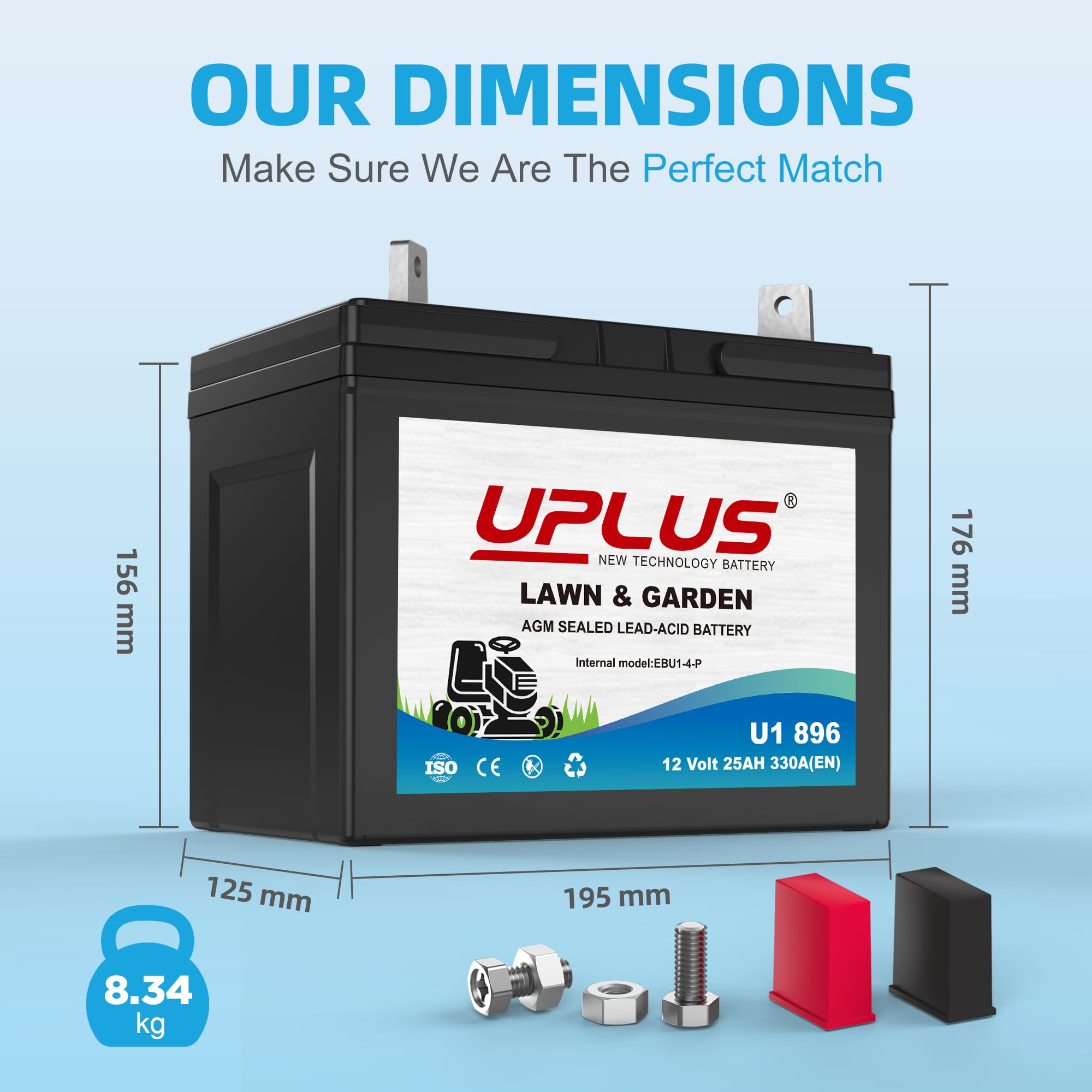 UPLUS 896 U1 Batterie pour tondeuse à gazon autoportée 12 V 330CCA Tracteurs de jardin Sans entretien Compatible avec John Deere/Countax/Cub Cadet/MTD/Hayter Terminal : +, -