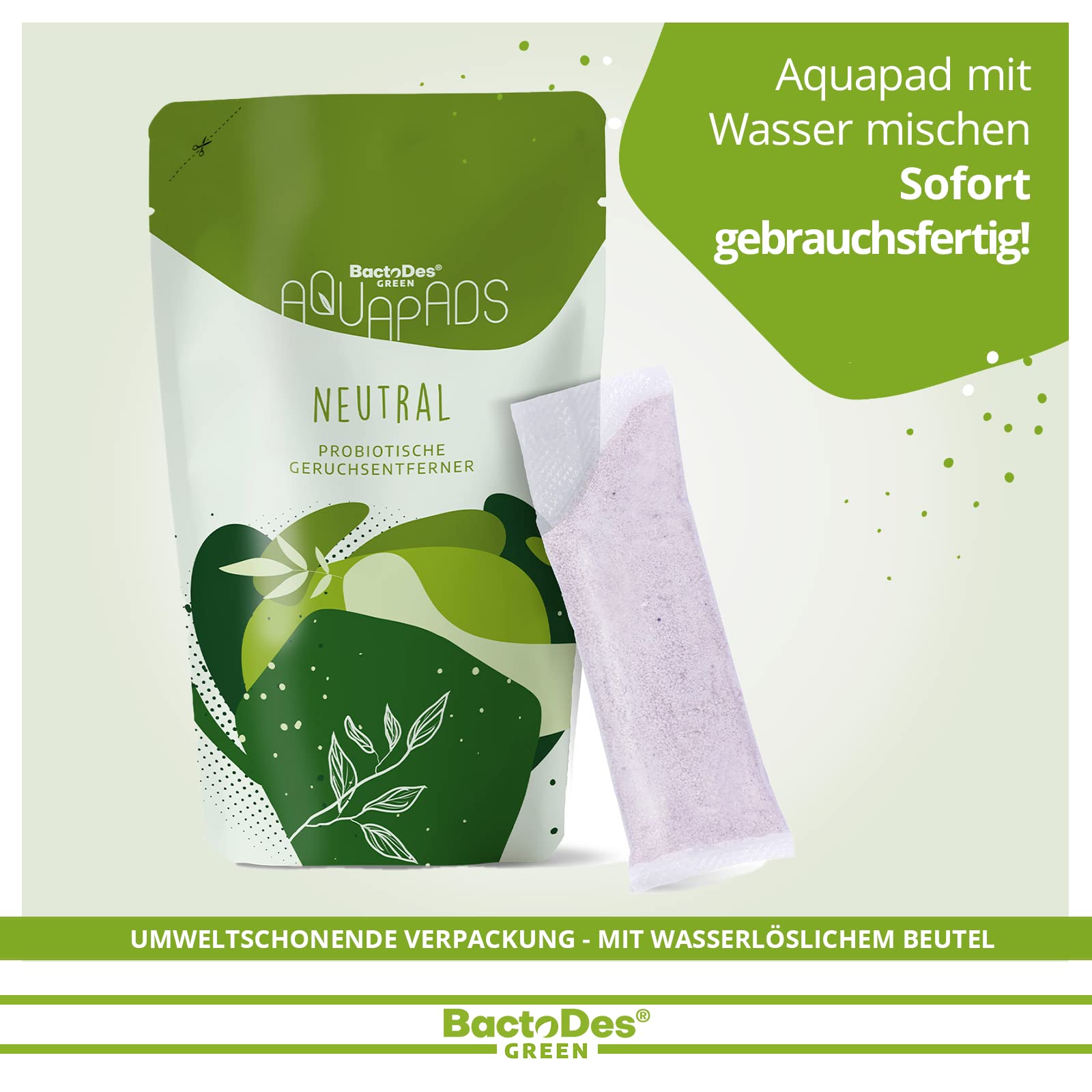 BactoDes Green Aqua Pads, Neutral Geruchsentferner Geruchskiller Lufterfrischer, Pulver Tütchen zum Mischen, 3x 4 Stück