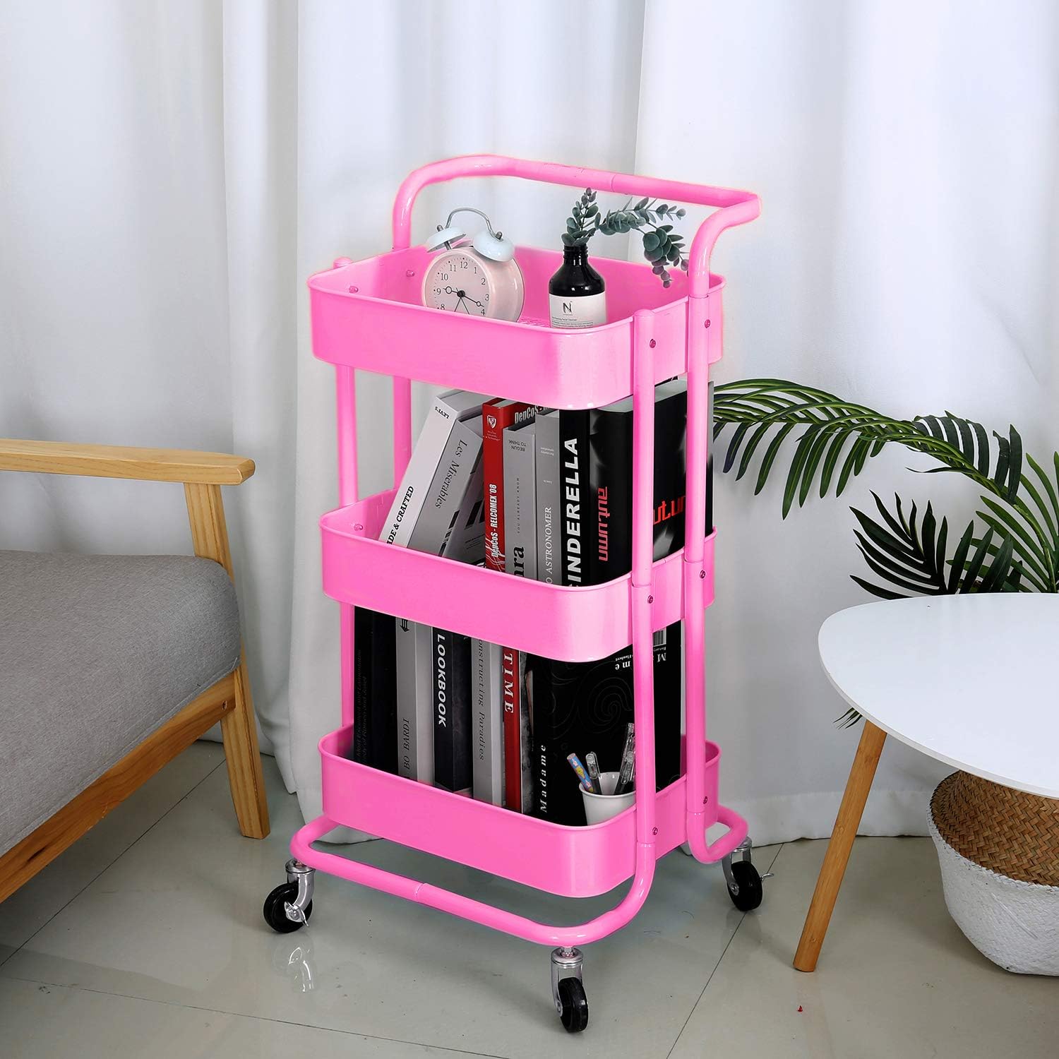 3-Tier Metal Mesh Rolling Cart Storage Organizer with Utility Handle and Wheels, Pink