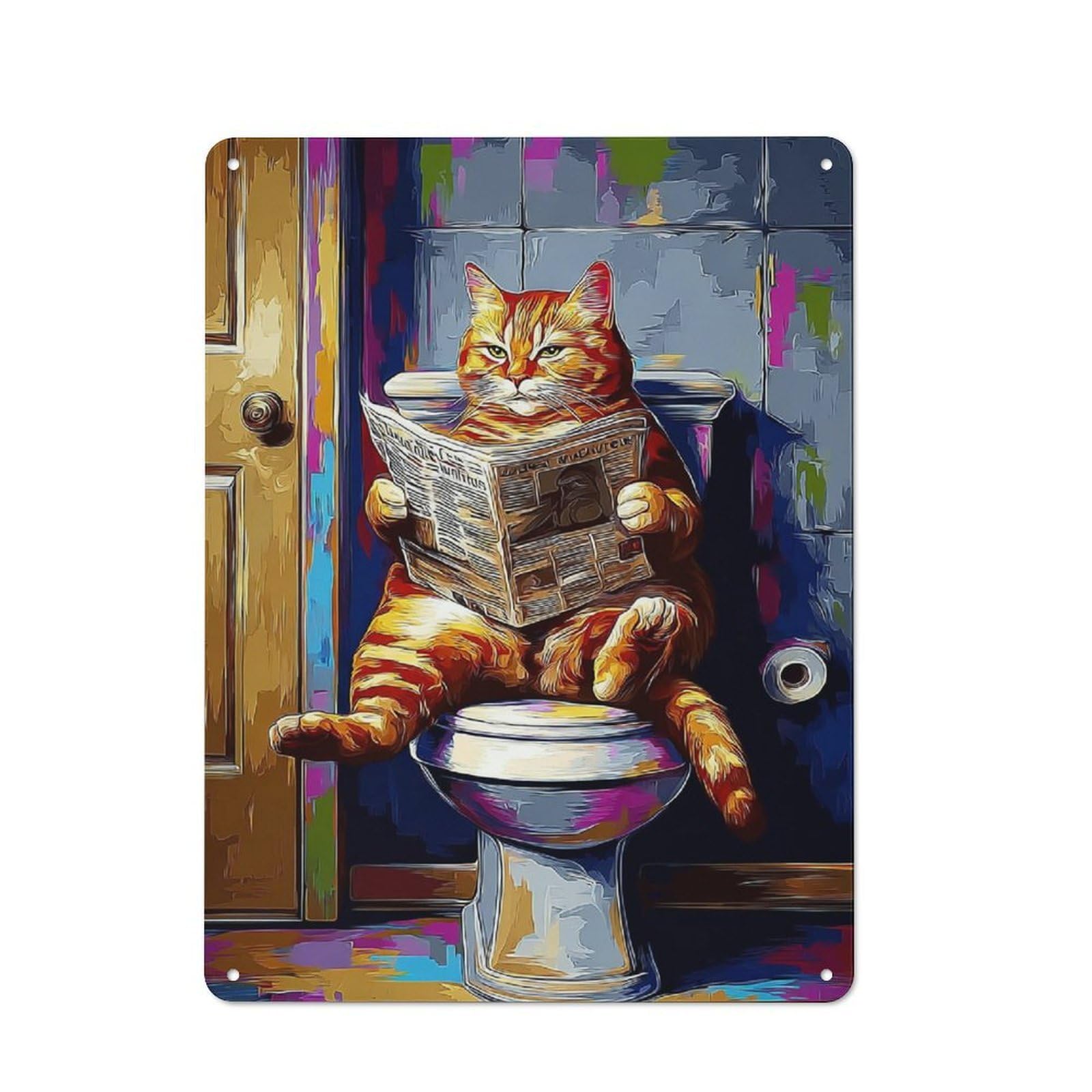 Junmoney Cat Reading Newspaper On Toilet -2 Metal Wall Sign With Design 40X30cm, Loft Style Studio Wall Art For Flat, Bar, Studio Or Gallery Wall