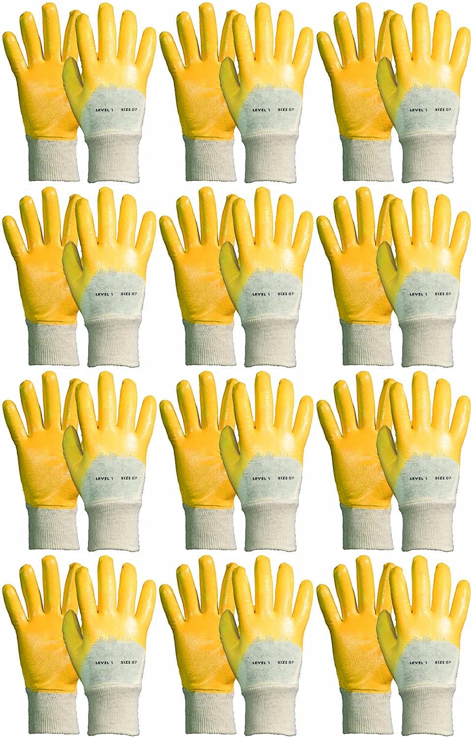 Novatool 144 pares de guantes de trabajo de color amarillo, talla 0e 9, nitrilo, repelentes al aceite, EN388:2016 3111X, guantes de jardinería para mujer, guantes de protección, guantes de trabajo,