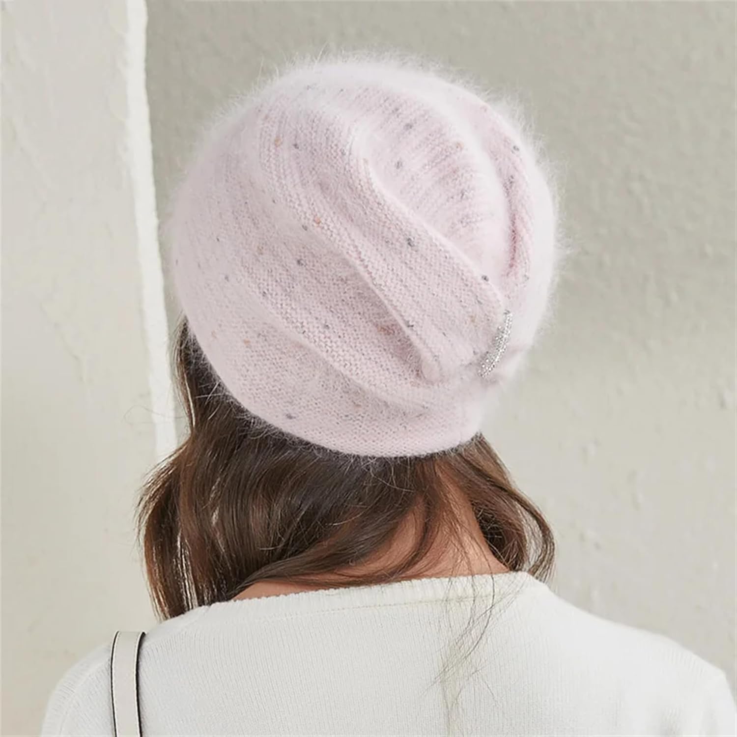 Women's Thicken Warm Double Layer Knitted Winter Hats with Rhinestone Fashion Solid Color Casual Thermal Beanie Hat