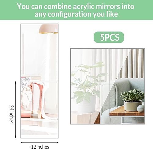 Miniatura 10 de Queekay 2 hojas de espejo de plástico acrílico de 12 x 24 pulgadas, azulejos de espejo de pared autoadhesivos de 0.079in de grosor, paneles de