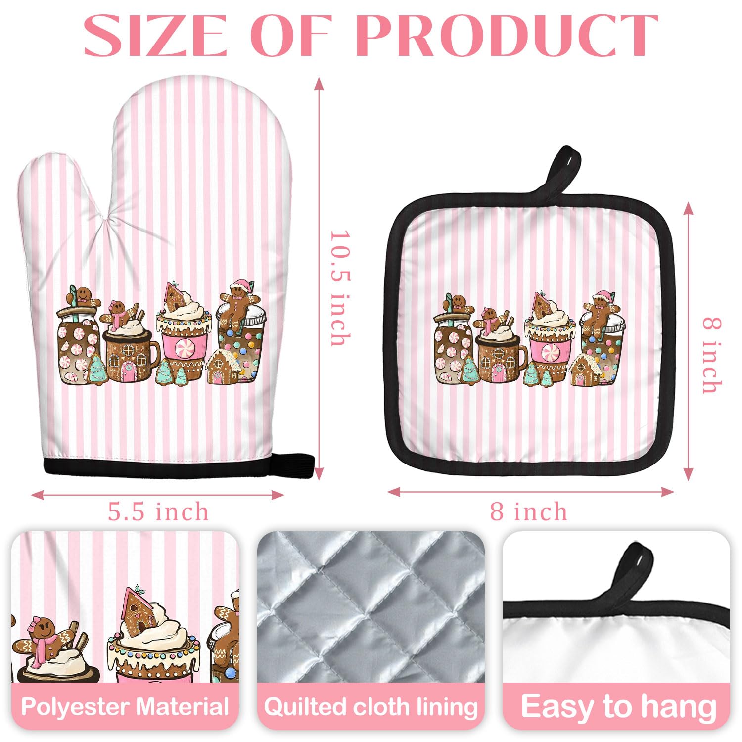 Ofenhandschuhe und Topflappen-Sets, Weihnachtsdekoration, rosa gestreift, niedlich, Lebkuchen, hitzebeständige Ofenhandschuhe, heiße Pads für Küchendekoration