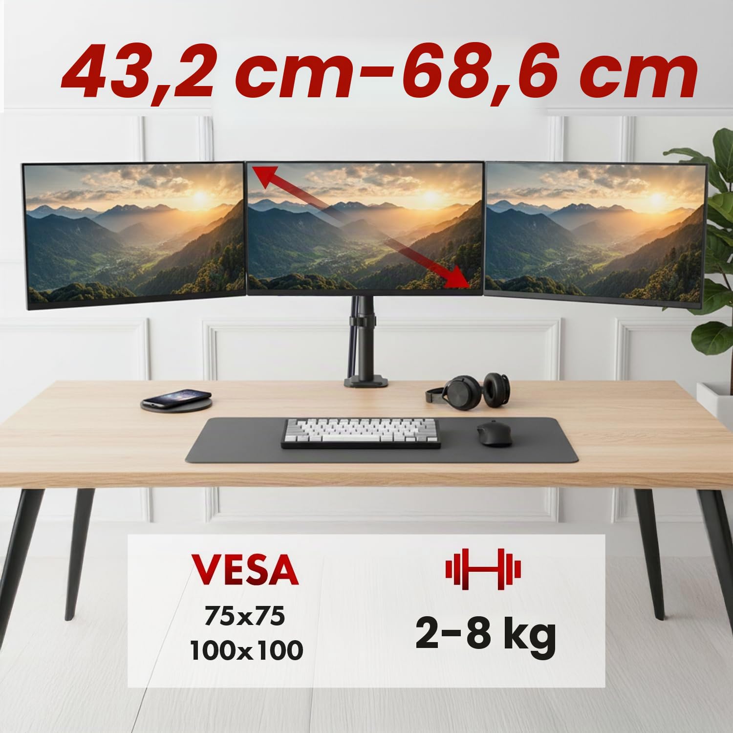 Maclean MC-137 Support pour 3 moniteurs de 17 à 27" avec Ressorts à gaz, Hauteur réglable, pivotant, inclinable, Construction en Acier Robuste, VESA 75 x 75, 100 x 100, Gestion des câbles, Noir