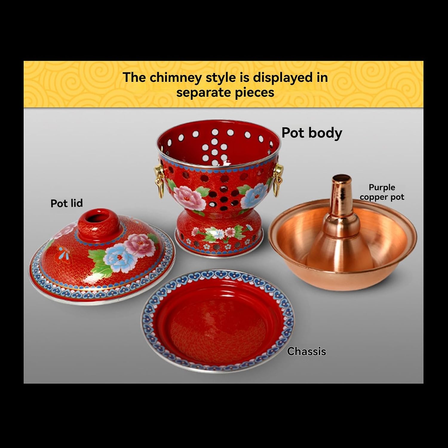 Chinese Copper Hot Pot, Traditional Old Beijing Enamel Copper Hot Pot, Split Design Easy to Clean, for Kitchen Catering Parties Hotels Dining, Cyan Flower (Yellow C)