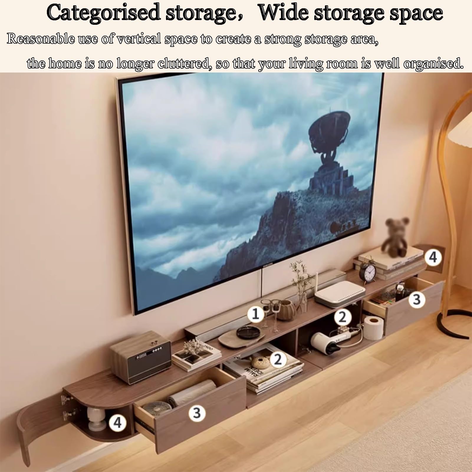 Mobile TV da parete vintage – Console multimediale in legno massello con illuminazione ambientale per soggiorno – elegante design bianco 160 x 20 x 30 cm – soluzione moderna per l'intrattenimento