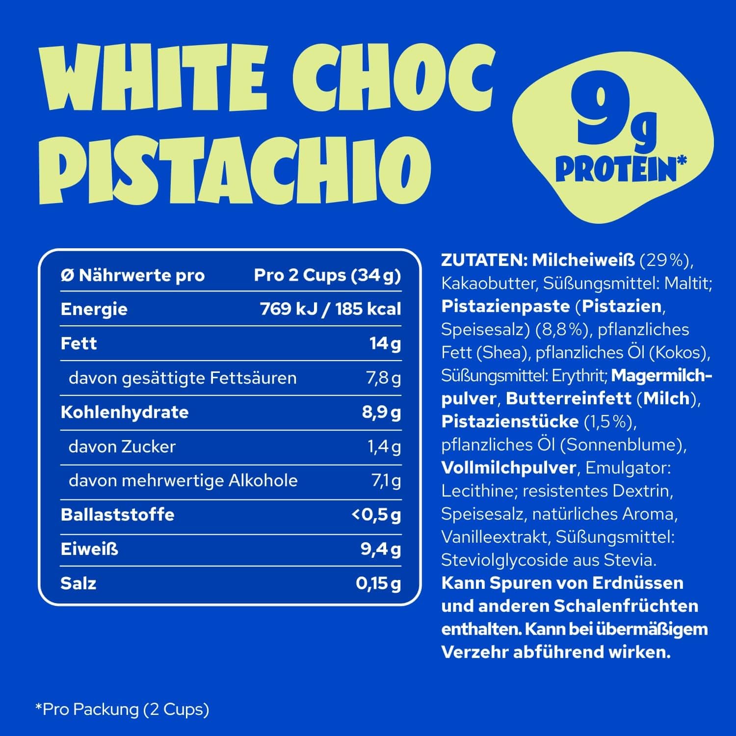 ahead High Protein White Chocolate Pistachio Cups 12 x 34g 9,4g Protein pro Pack Glutenfrei Ohne Zuckerzusatz