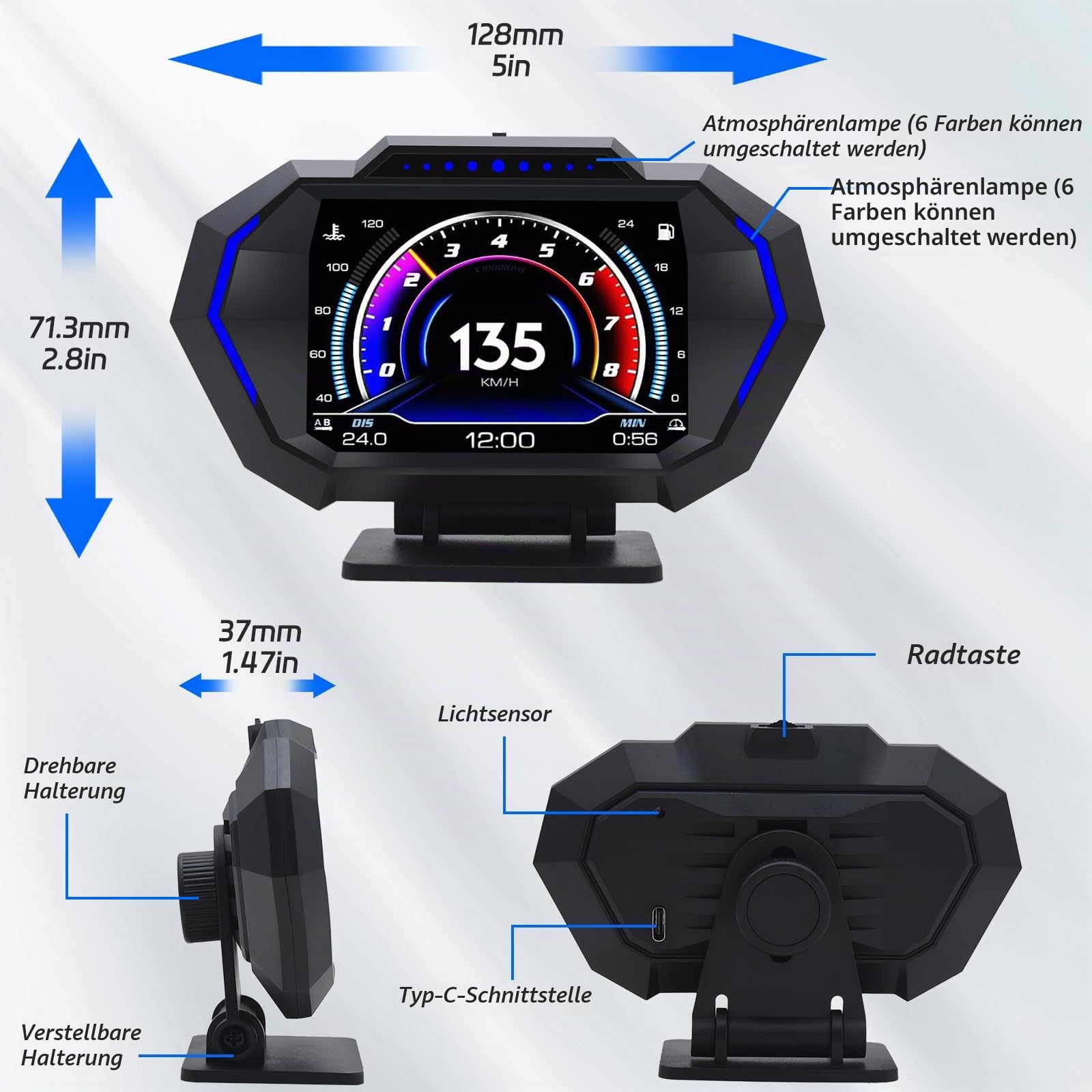 KAOLALI Head up Display OBD2+GPS Auto HUD Universal Digital Tachometer | mit Neigungsmesser, Geschwindigkeitswarnung, Müdigkeitserinnerung, Wassertemperaturanzeige, Spannungsanzeige, für Alle Autos