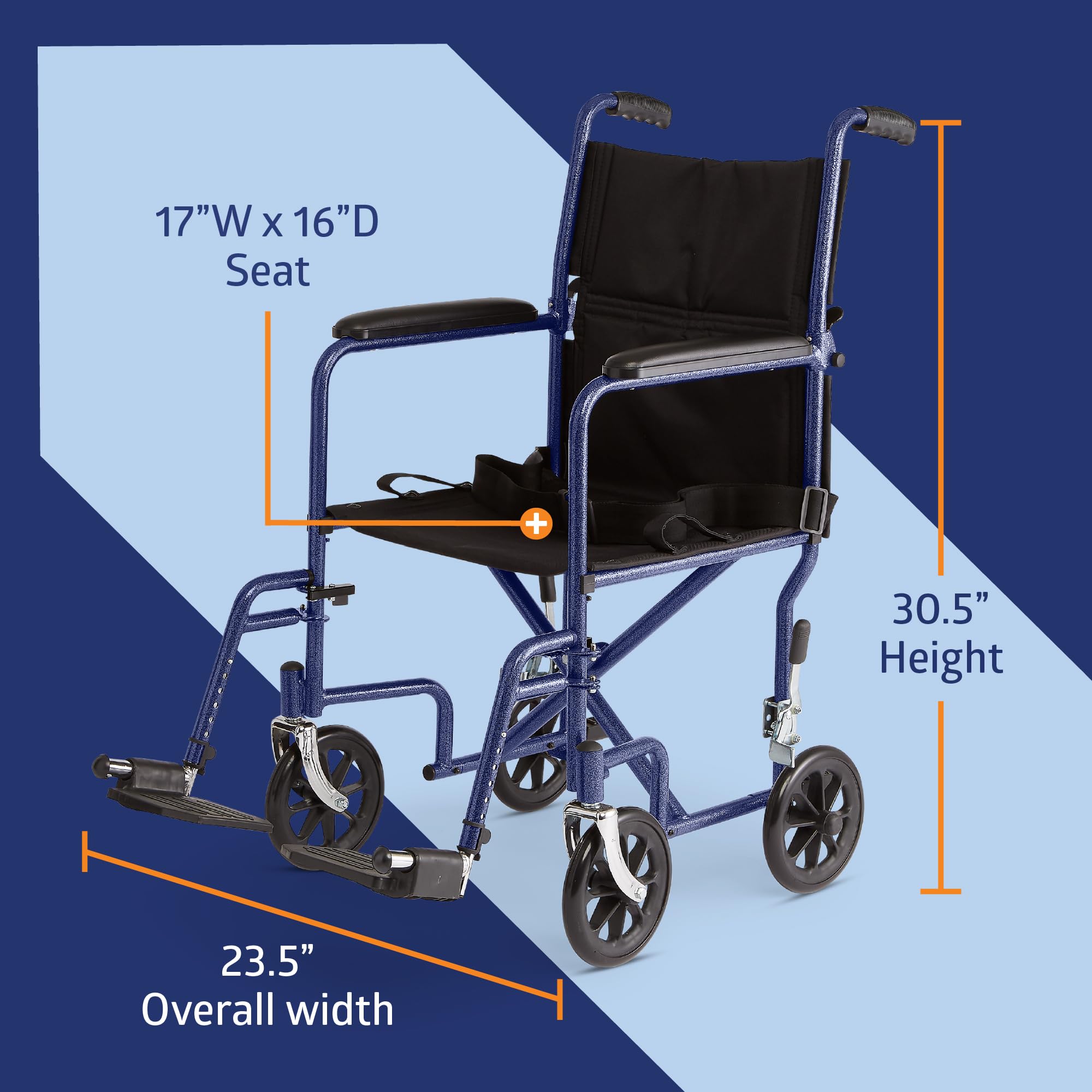 Medline Steel Transport Chair, Folding Transport Wheelchair, Removable Swing-Away Footrests, Full-Length Armrests, 17" Seat, 250 lb. Capacity, Blue — Amazon image 2