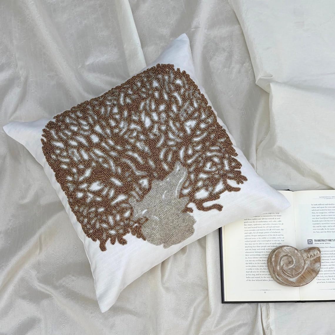 The HomeCentric Custom Cushion Cover, Ivory Decorative Pillow Covers 16x16 inch (40x40 cm) Linen Cushion Cover for Sofa, Nature & Floral, Tree, Art Deco, Beaded, Modern Pillow Covers - Gold Oak Tree