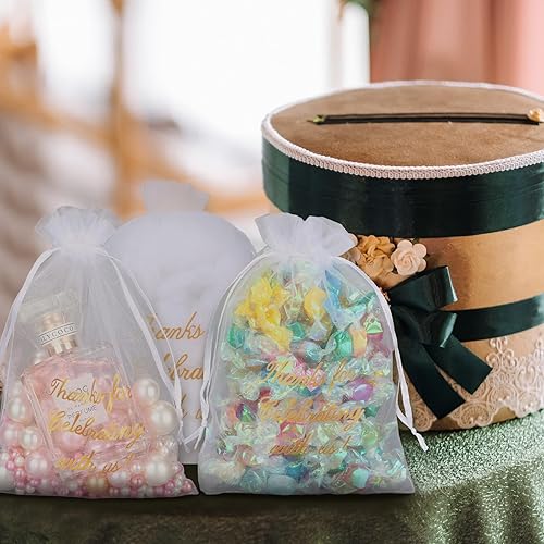Miniatura 5 de 100 bolsas de agradecimiento transparentes, de organza con cordón, bolsas de regalo de fiesta de boda con cordón de agradecimiento por celebrar con