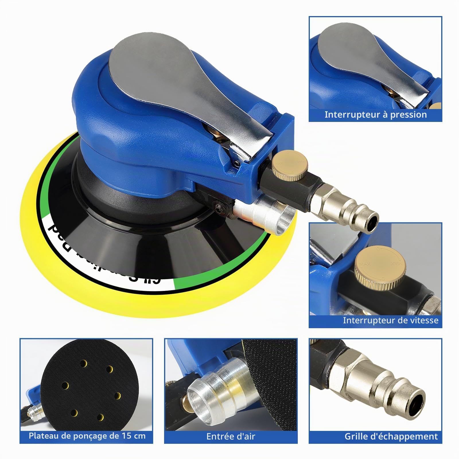 Uten Ponceuse Orbitale Pneumatique à Double Action de Disque Ø 152 mm 6“ avec Régulation de la Vitesse avec 7 pièces de Papier Abrasif