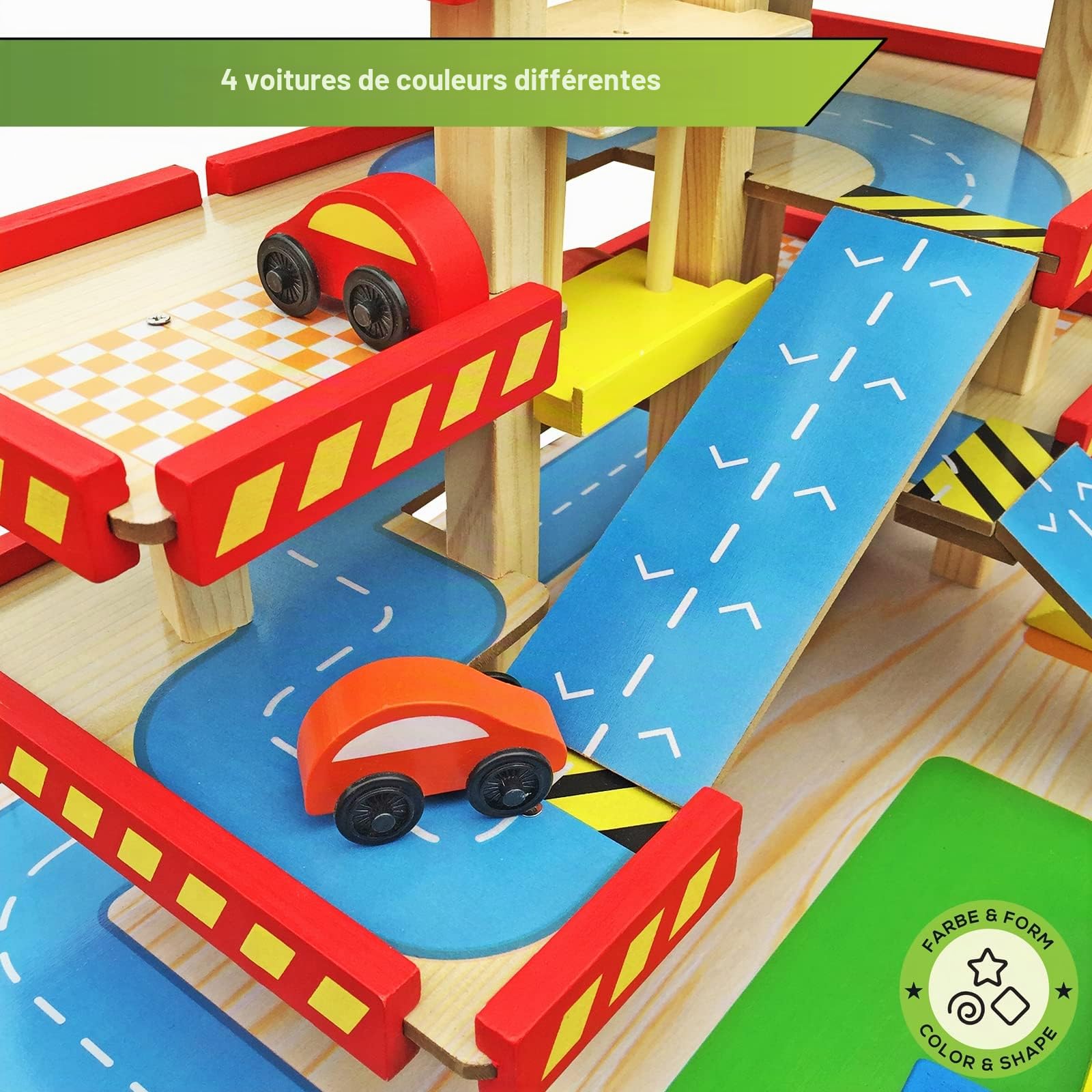 Maison DE Parking pour Enfants de Balinco, Garage à 3 étages, Ascenseur, billetterie, Station de Lavage, Station-Service, 4 Voitures, hélicoptère - Jouets en Bois dès 3 Ans