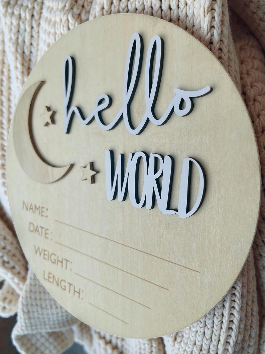 Hello World Birth Announcement Sign – Wooden Newborn Birth Stats Plaque, Baby Name Announcement Sign, Matte White Acrylic Hello World Wooden Plaque (01)
