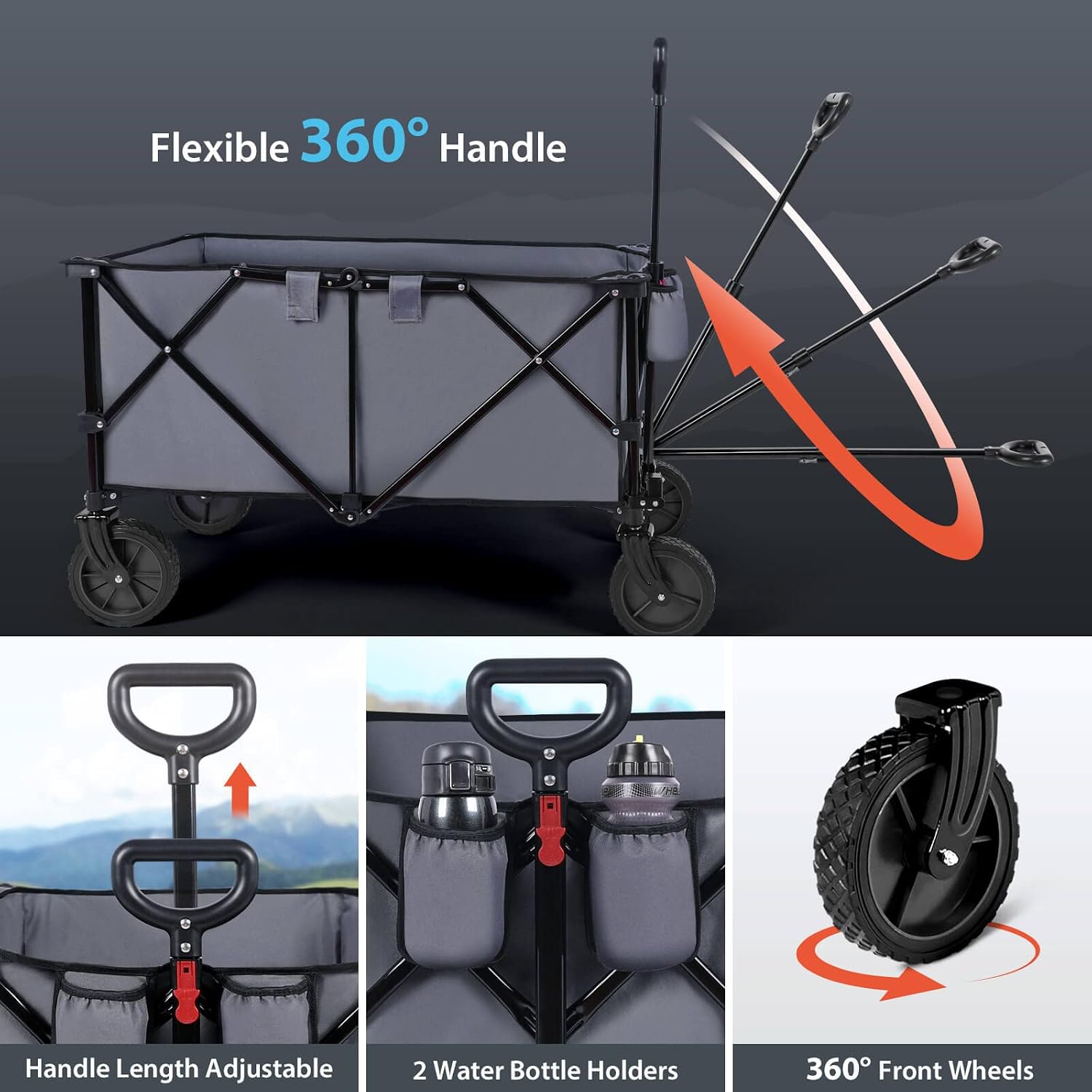 Hikenture Collapsible Wagon Cart, Portable Large Capacity Folding Wagon, Heavy Duty Utility Beach Wagon with All-Terrain Wheels, Outdoor Garden Cart Foldable Wagon for Sports, Shopping, Camping (Grey)
