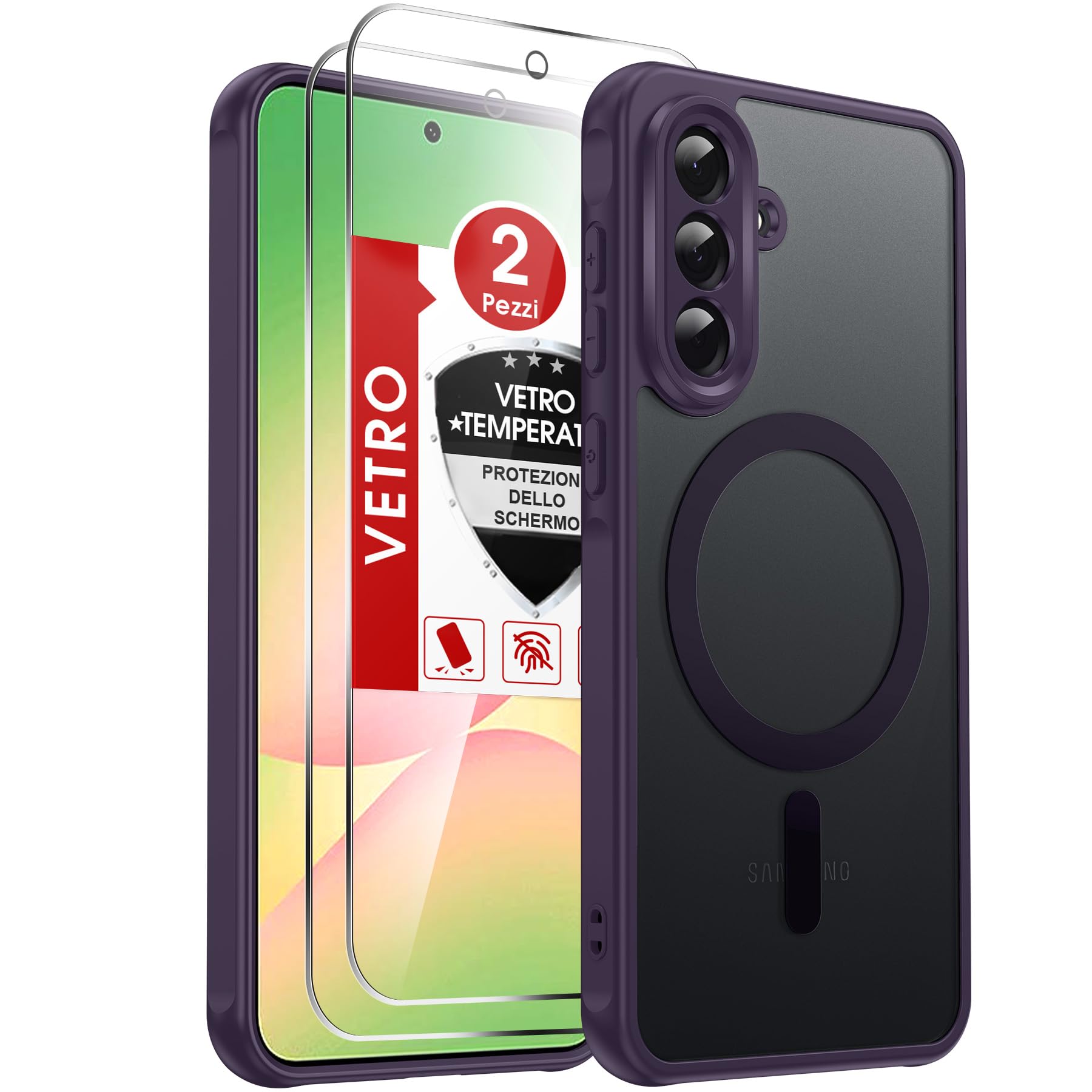 LeYi Cover Magnetica per Samsung Galaxy A56 5G con Vetro Temperato(Viola) | Custodia per A 56 Traslucida Opaca Anti-Impronte Resistente ai Graffi Paraurti in TPU Antiurto Protettiva Case