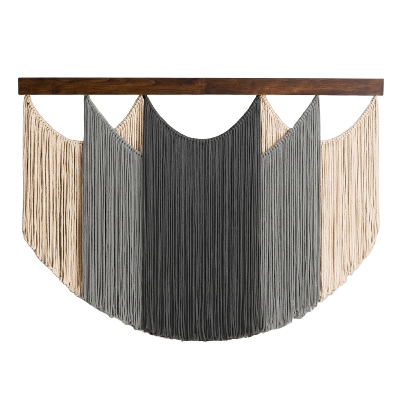 Großes Makramee Wandbehang 120 x 85 cm | Boho Wanddekoration aus Naturbaumwolle mit Holzstange | Moderner Gewebter Wandteppich in Grau-Verlauf & Creme für Wohnzimmer, Schlafzimmer, Flur Dekoration