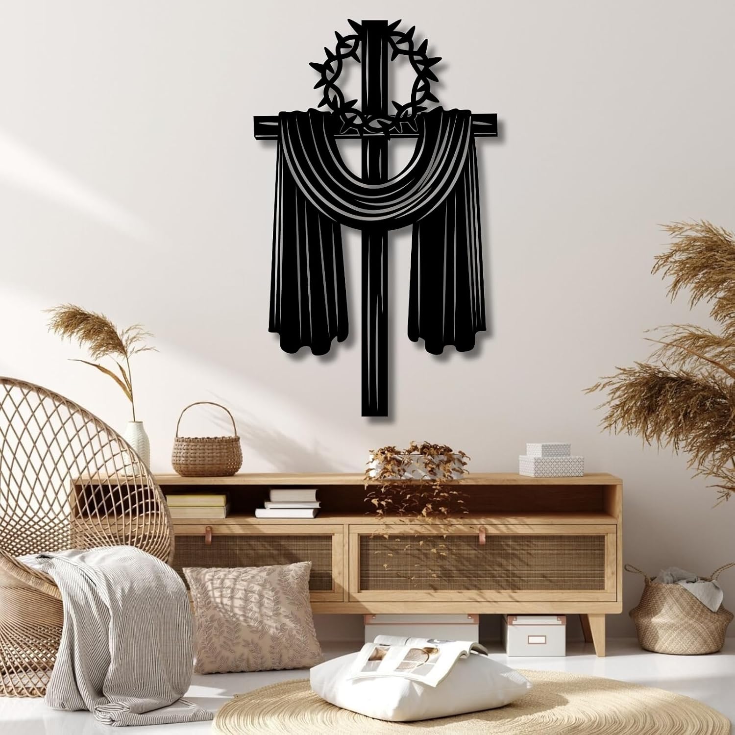 VTHTA Large Christian Wall Cross for Home Decor,Elegant Metal Cross Wall Hanging with Spiritual Design, Decorative Religious Artwork for Wall (Black, 19"x11"/47x29cm, Metal Wall Art)