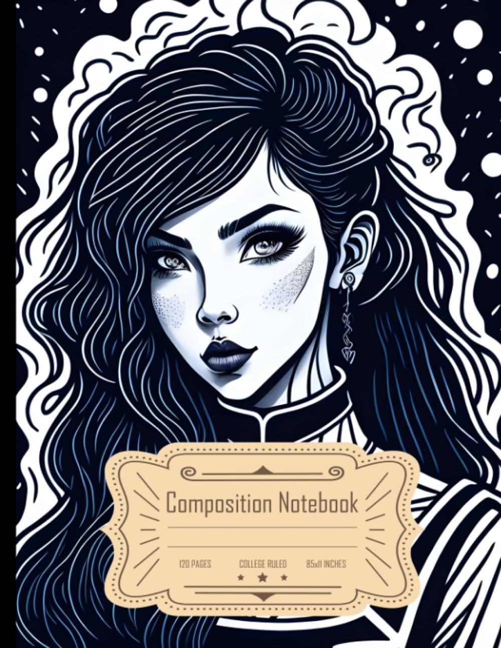 Composition Notebook College Ruled: Ink Drawing Coloring Page for Adults - Beautiful and Stunning Cute Sweet E-Girl, Cyberpunk Inspired, Size 8.5x11 Inches, 120 Pages